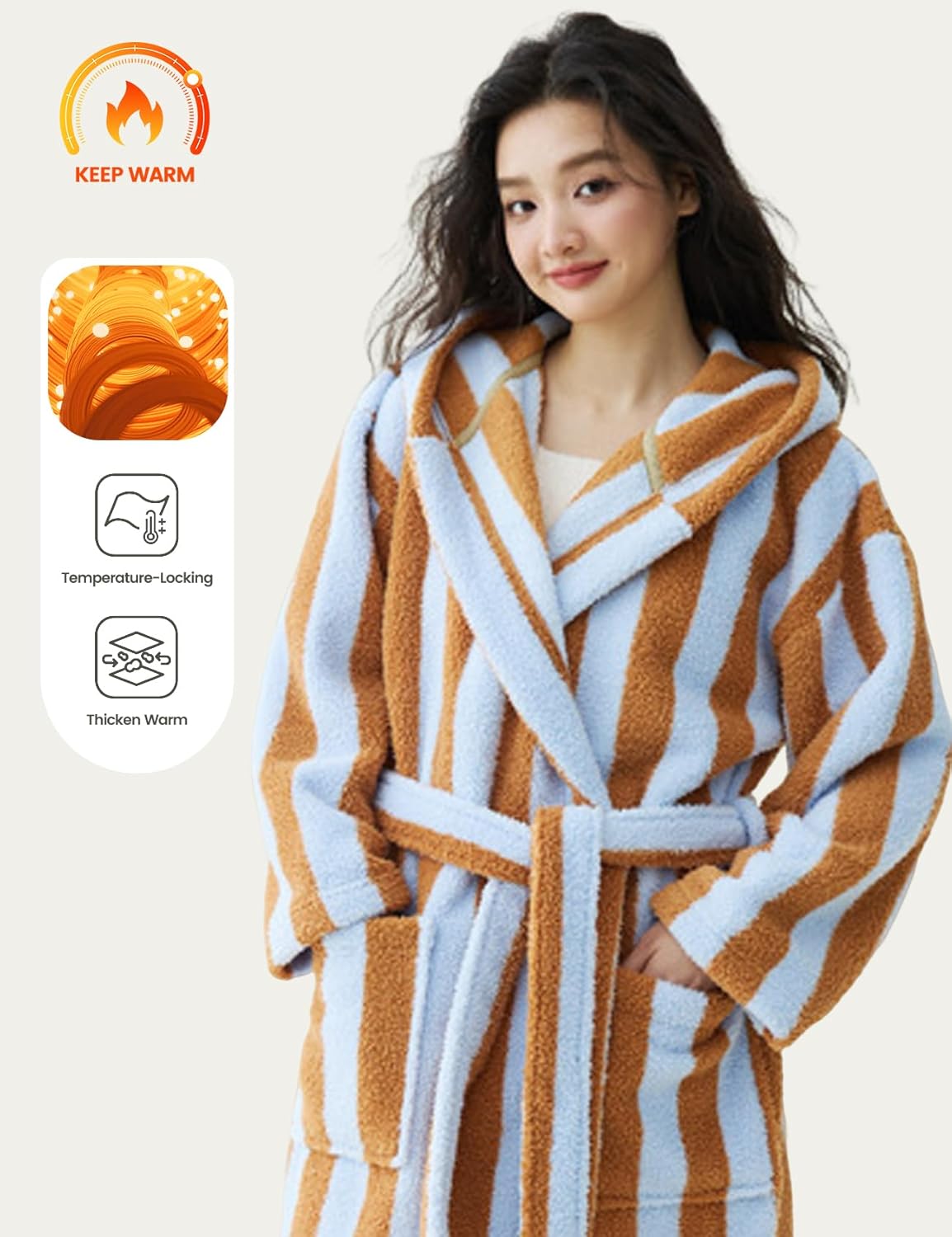 Yimoon Womens Fluffy Fuzzy Hooded Robe Striped Plush Long Bathrobes Thick Warm Soft House Coat Loungewear(Khaki-M) - Image 2