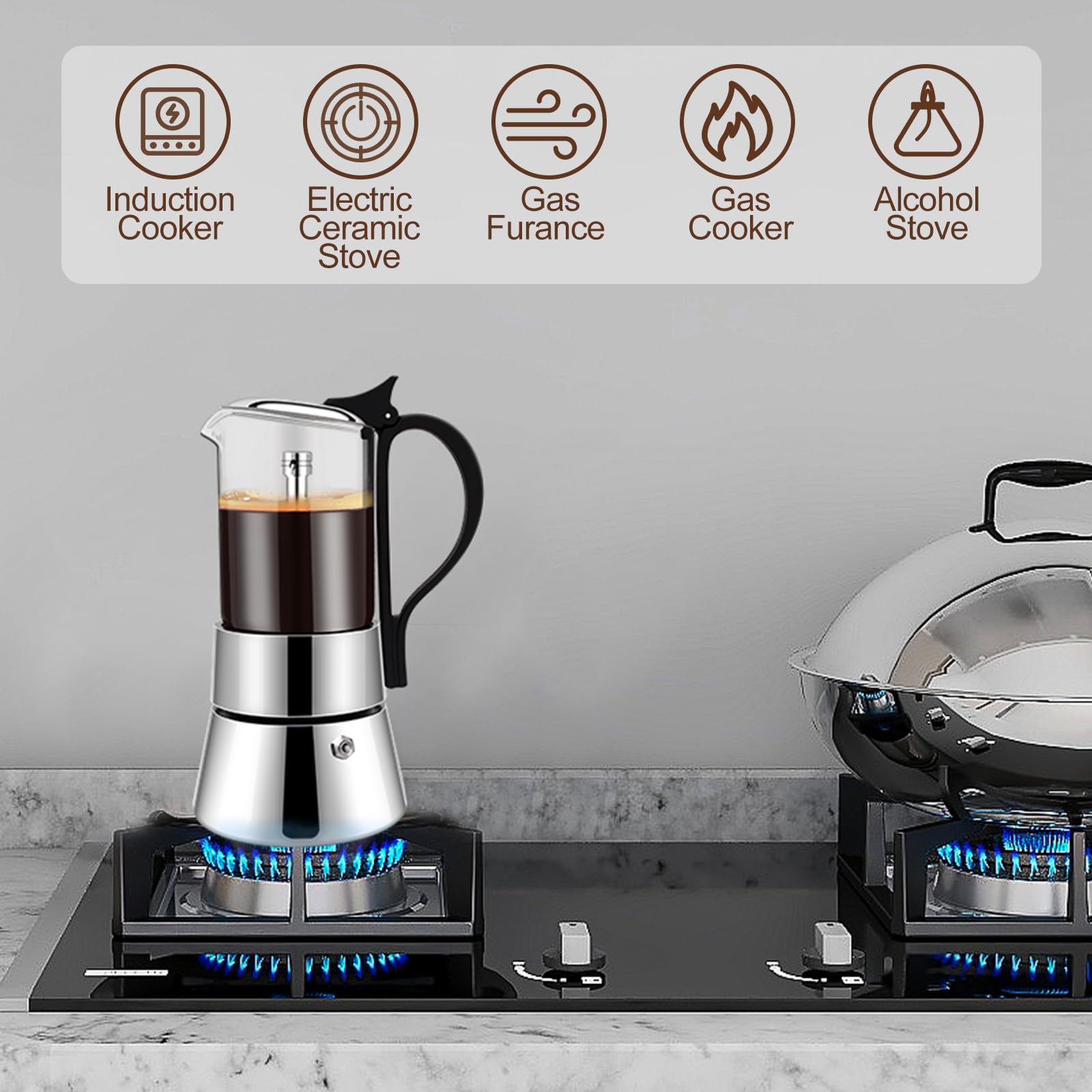 6 Tasse Glas Transparent Moka Pot Edelstahl Uncoated Stovetop Espresso Maker Italienische Kaffeemaschinen Mocha Greca Maschine Cafe Classic Induktionskocher für Zuhause Camping 350ml