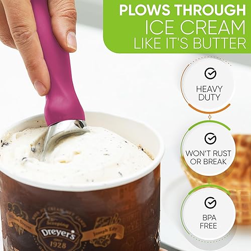 Vista 166 de Spring Chef Cuchara de helado rosa resistente con mango de agarre suave, cuchara de helado profesional, cuchara de helado de metal para masa