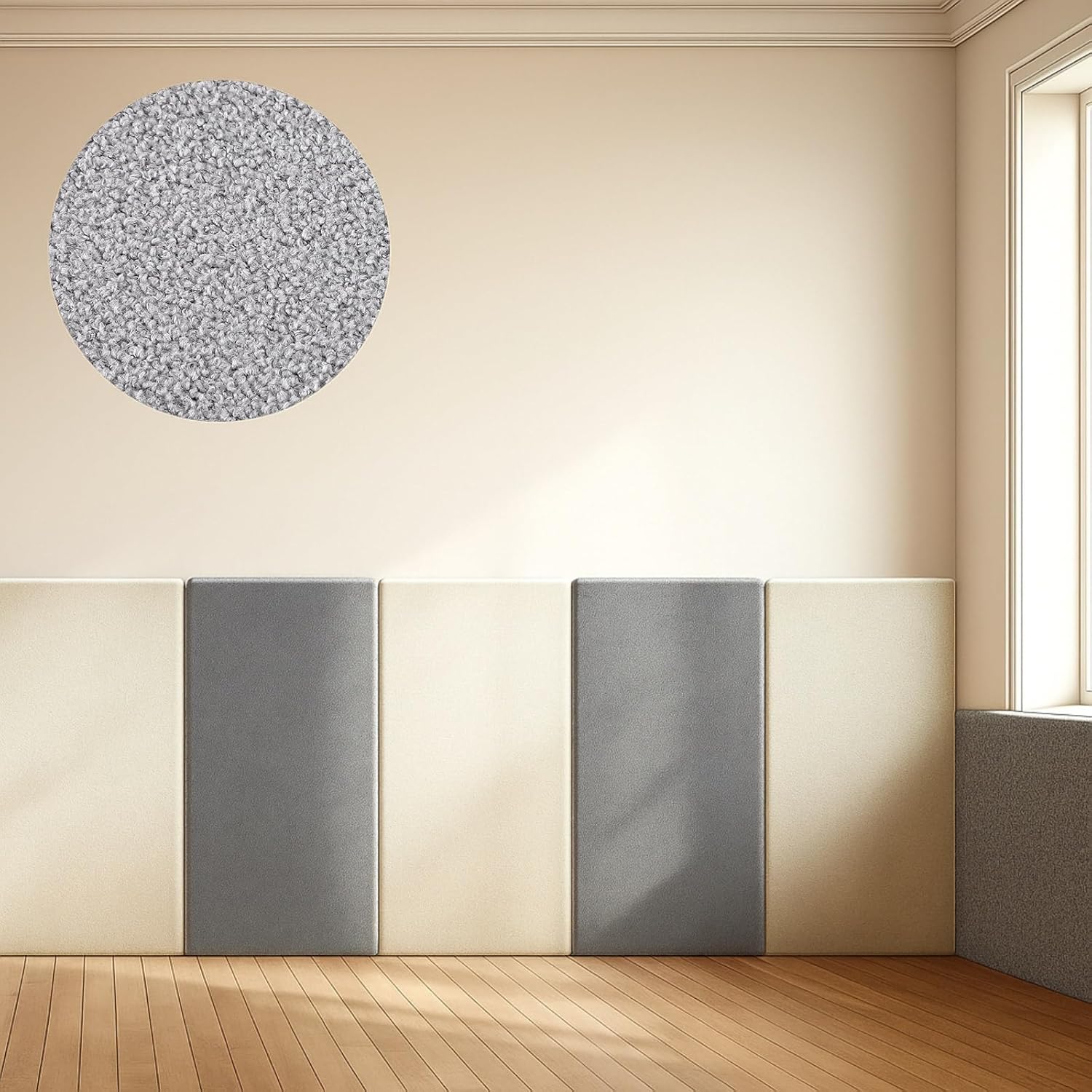 4 Pcs 23.6'' x 11.81" Coral Fleece Wall Padding for Kid Playroom 3D Peel and Stick Headboard Anti Collision Self Adhesive Panel Upholstered Beige Light Gray Padded Cushions for Autism Bedroom