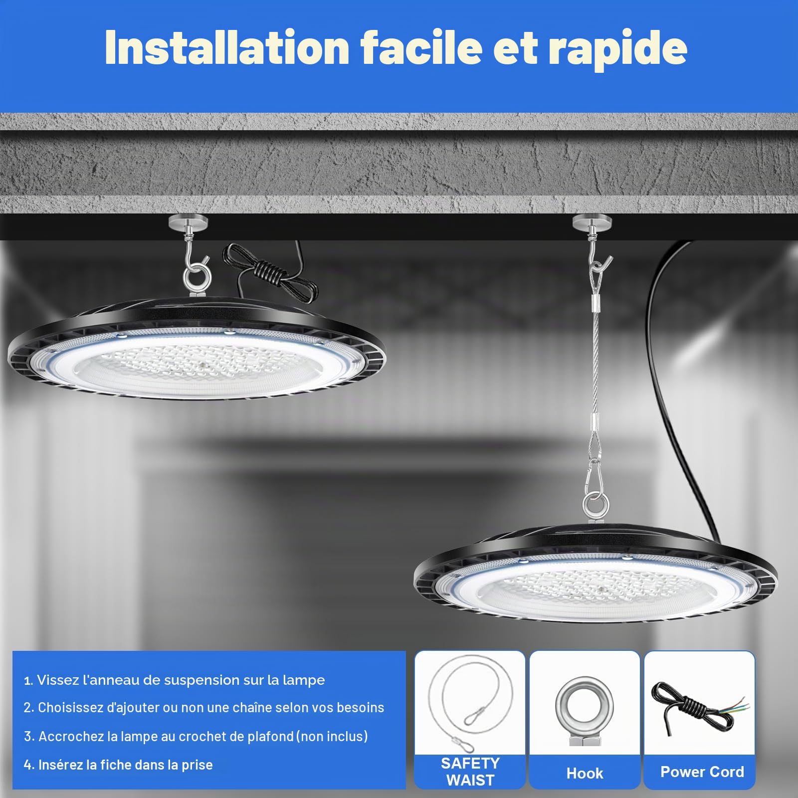 100W UFO LED High Bay lumière, éclairage de Magasin à LED avec 1 mètre chaîne, 10000LM 6500K, Projecteur LED Intérieur, éclairage de baie commerciale étanche IP65 pour entrepôt, garage (Paquet de 4)