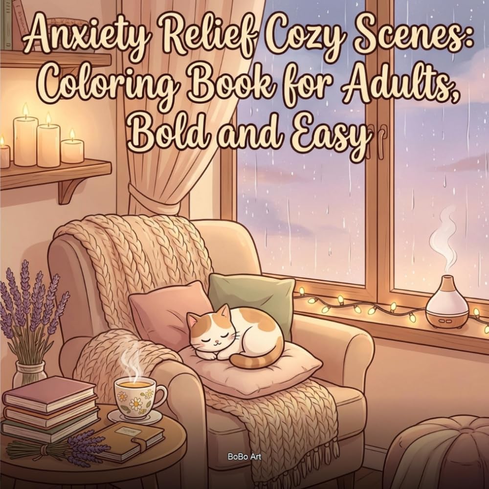 Anxiety Relief Cozy Scenes: Coloring Book for Adults, Bold and Easy: 50 Calming Hygge Illustrations of Cozy Interiors, Warm Blankets, and Peaceful Moments for Stress Relief