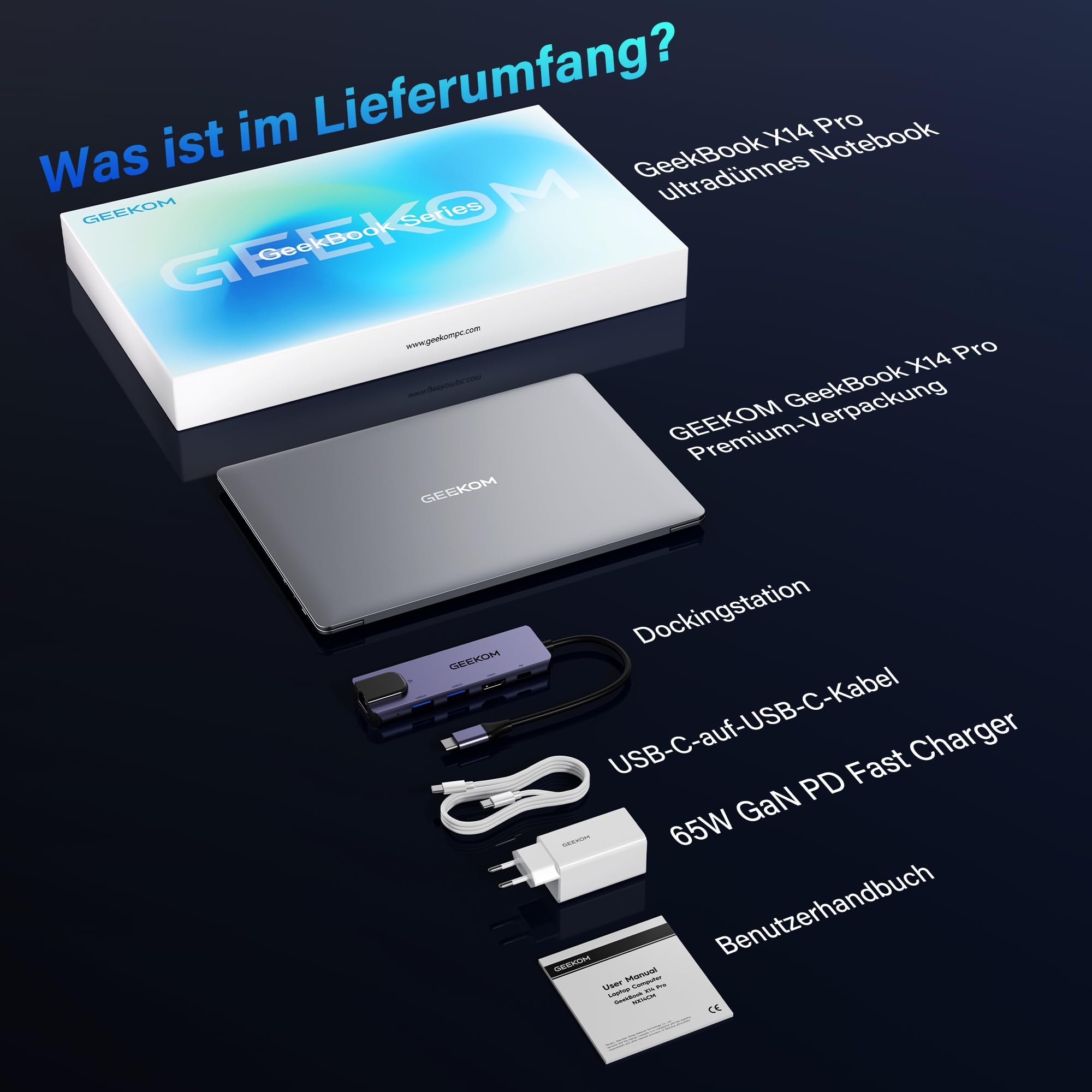 GEEKOM GeekBook X14 Pro Laptop, 999 g Ultraleicht, 14" 2.8K OLED, Ultra 9-185H, 32GB LPDDR5x RAM 7500MT/s, 1TB SSD, 2X USB4, Fingerprint & Webcam-Schieber, bis zu 16 h Akku, Copilot+, Windows 11 Pro