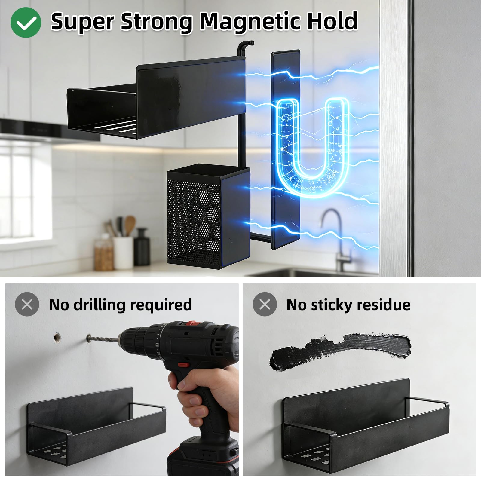 Zestaw 6 magnetycznych regałów na przyprawy, ruchomy organizer na przyprawy, regał magnetyczny z 8 haczykami, uchwyt na ręczniki kuchenne i uchwyt na przybory kuchenne, regał magnetyczny, bez