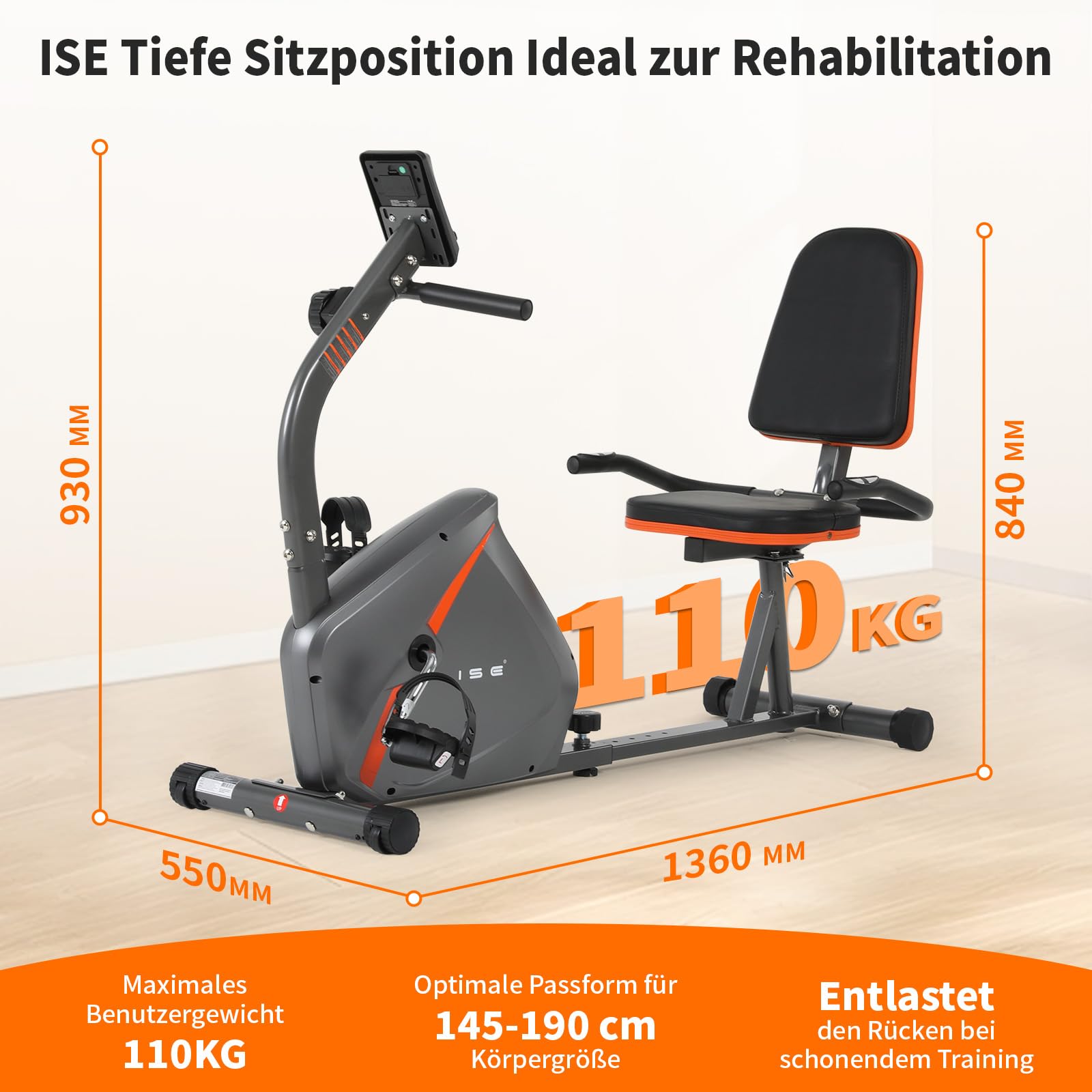 ISE Liegeergometer für Zuhause mit 8 verstellbaren Widerstandsstufen, Ergometer Heimtrainer mit Magnetbremse, Heimtrainer Fahrrad mit Pulssensoren und LCD-Display,Indoor Bike mit Rückenlehne SY-6802