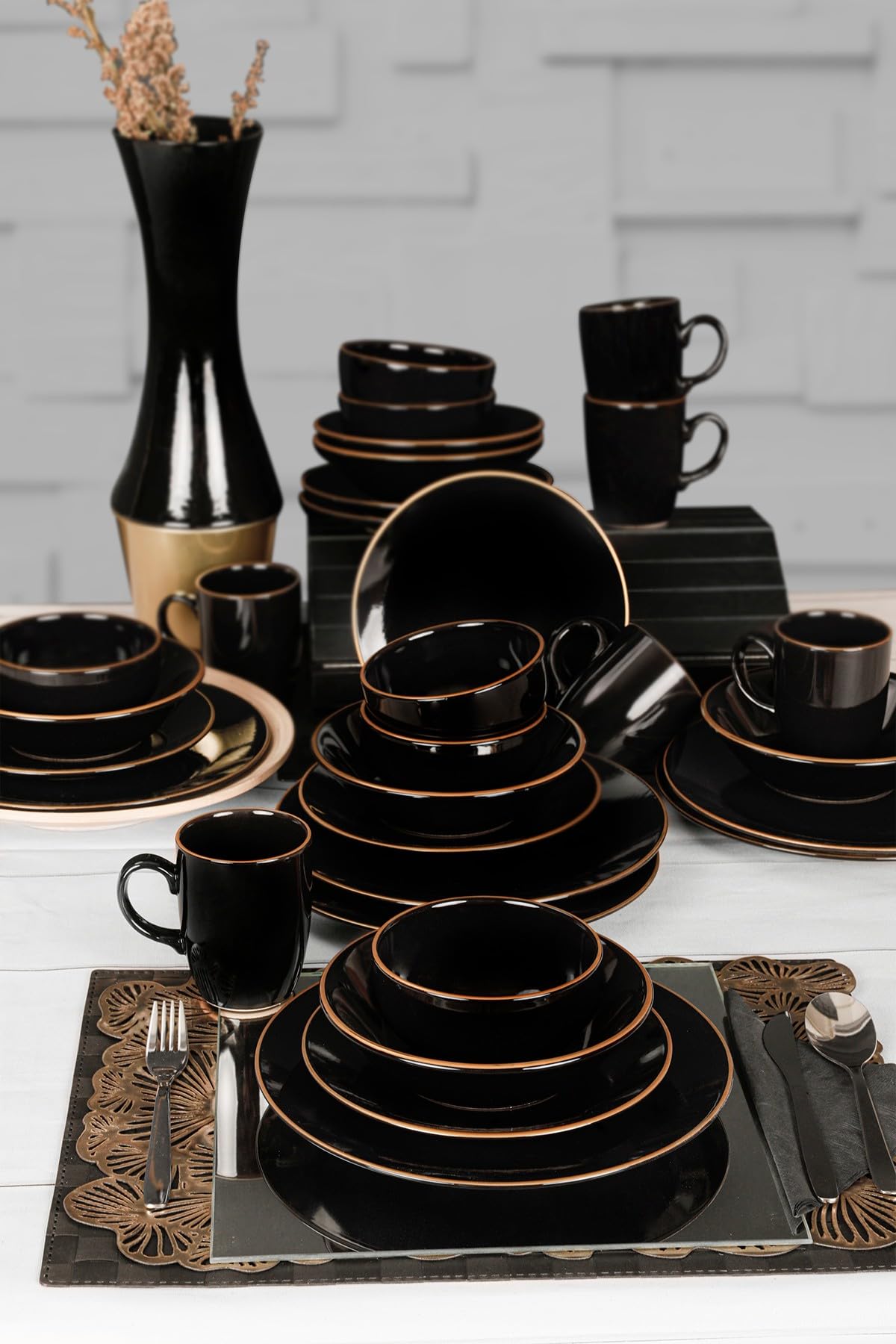 30-Piece Ceramic Dinner Set, Black Stoneware | Antibacterial, Eco-Friendly, Easy Clean | Dishwasher & Microwave Safe | Perfect for Elegant Dining