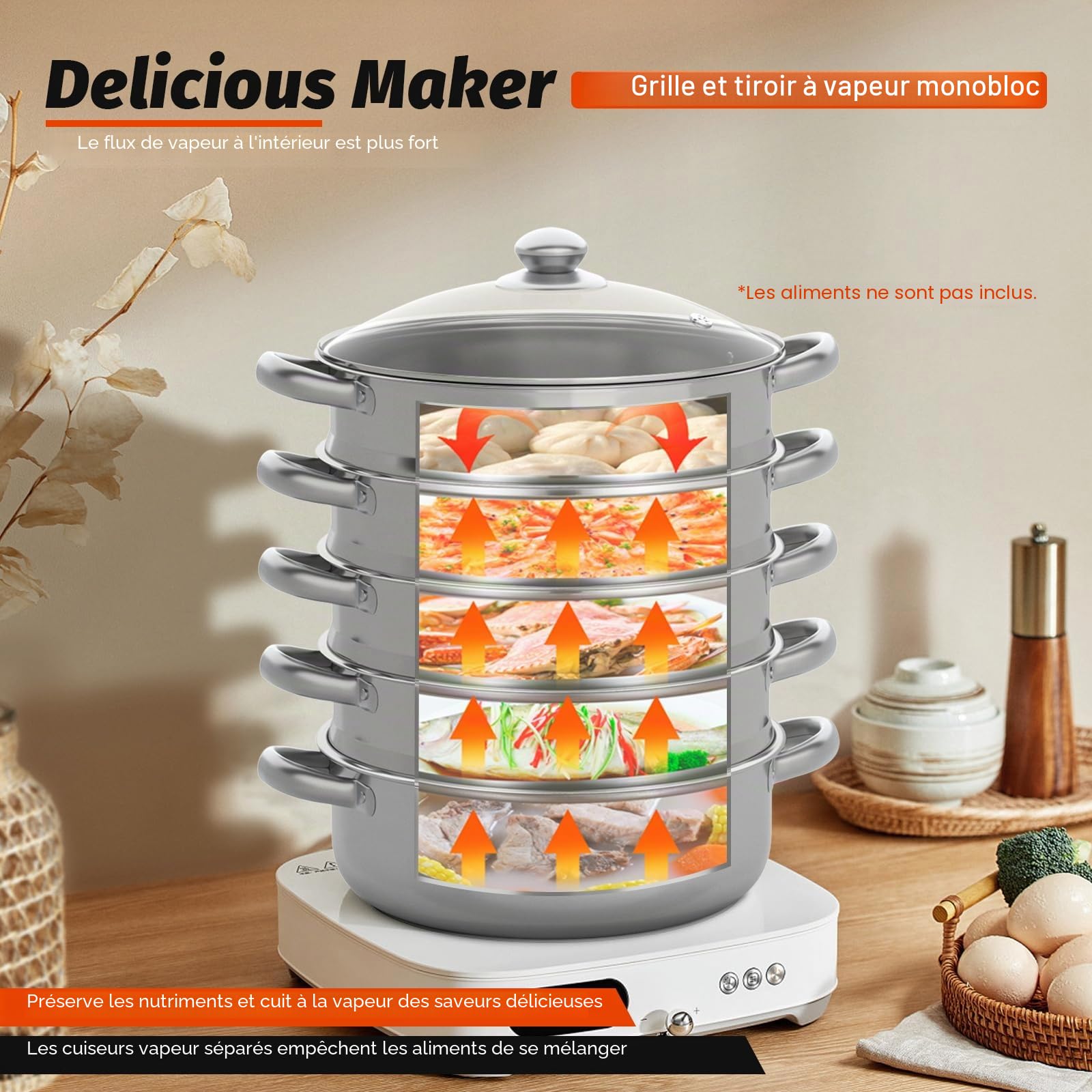 Cuiseur vapeur, 5 couches, 30 cm, multifonction, en acier inoxydable, avec couvercle en verre, vapeur en acier inoxydable, argenté, pour tous les types de cuisinières telles que l'induction, la