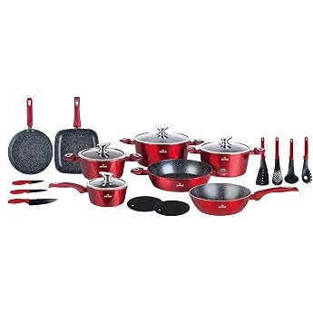 Zilner Pots and Pans Set - 21-Piece Pot Set - Marble Coating - with Glass Lids - for All Hobs - Red