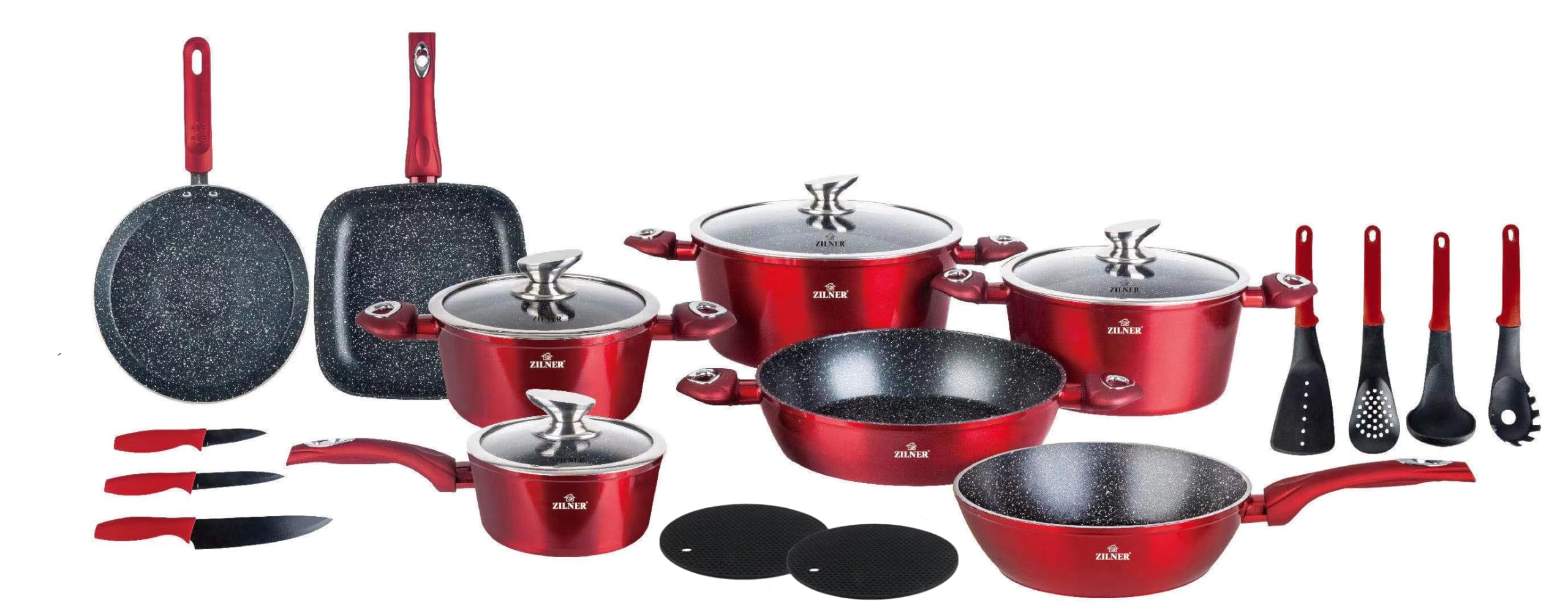 Töpfe und Pfannen Set, 21-teilig, Marmorbeschichtung, Rot | Topfset mit Glasdeckeln, für alle Herdarten, Induktion geeignet, Aluminium, kratzfest, cool-touch-Griffe, Kochgeschirr-Set