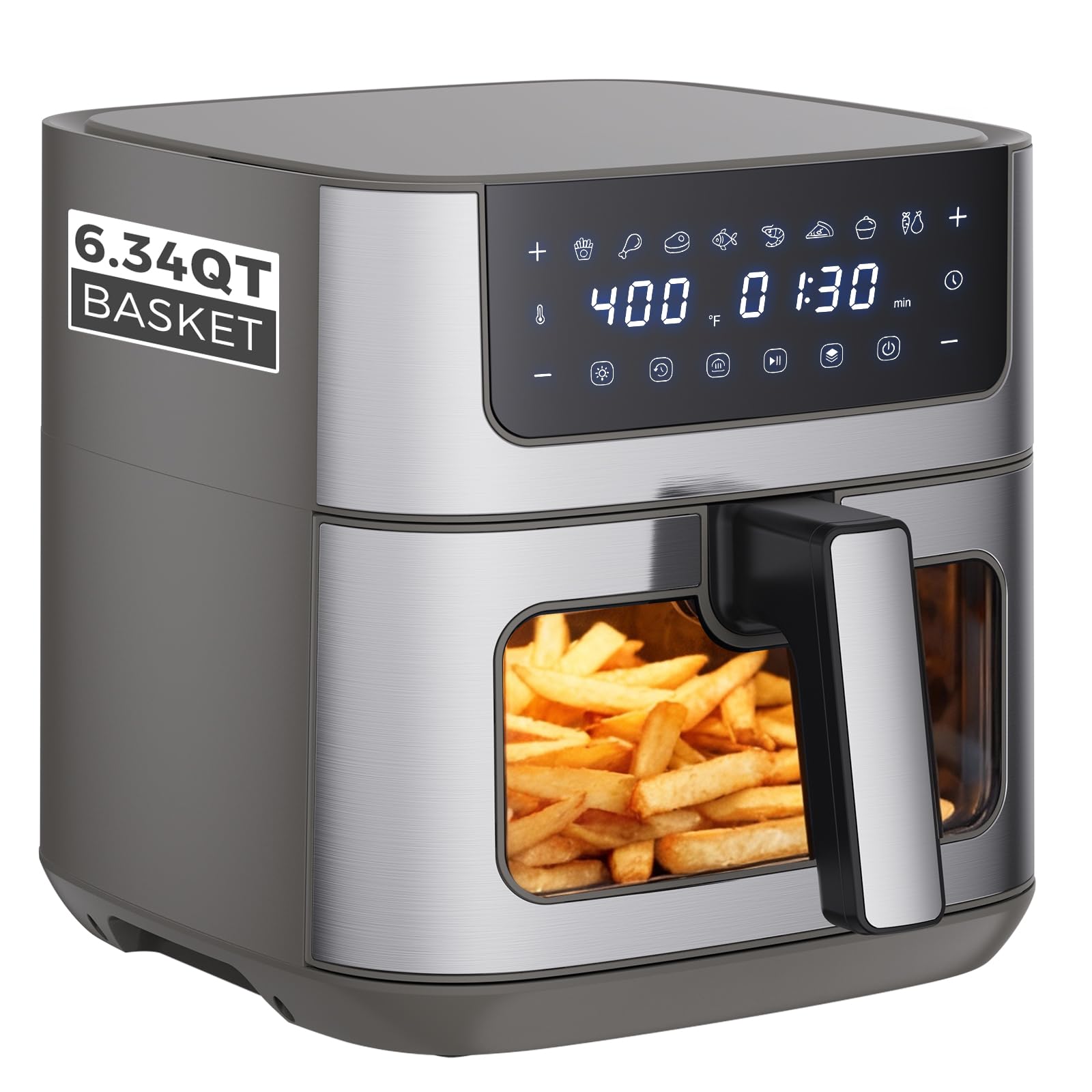 OLIXIS 6.34QT Air Fryer with Window, 8 Food Presets with 400°F Max Heat, 90-Min Timer, Nonstick Dishwasher-Safe Basket for Air Fry, Roast, Reheat, Bake, Stainless Steel, Grey Grey 6.34QT