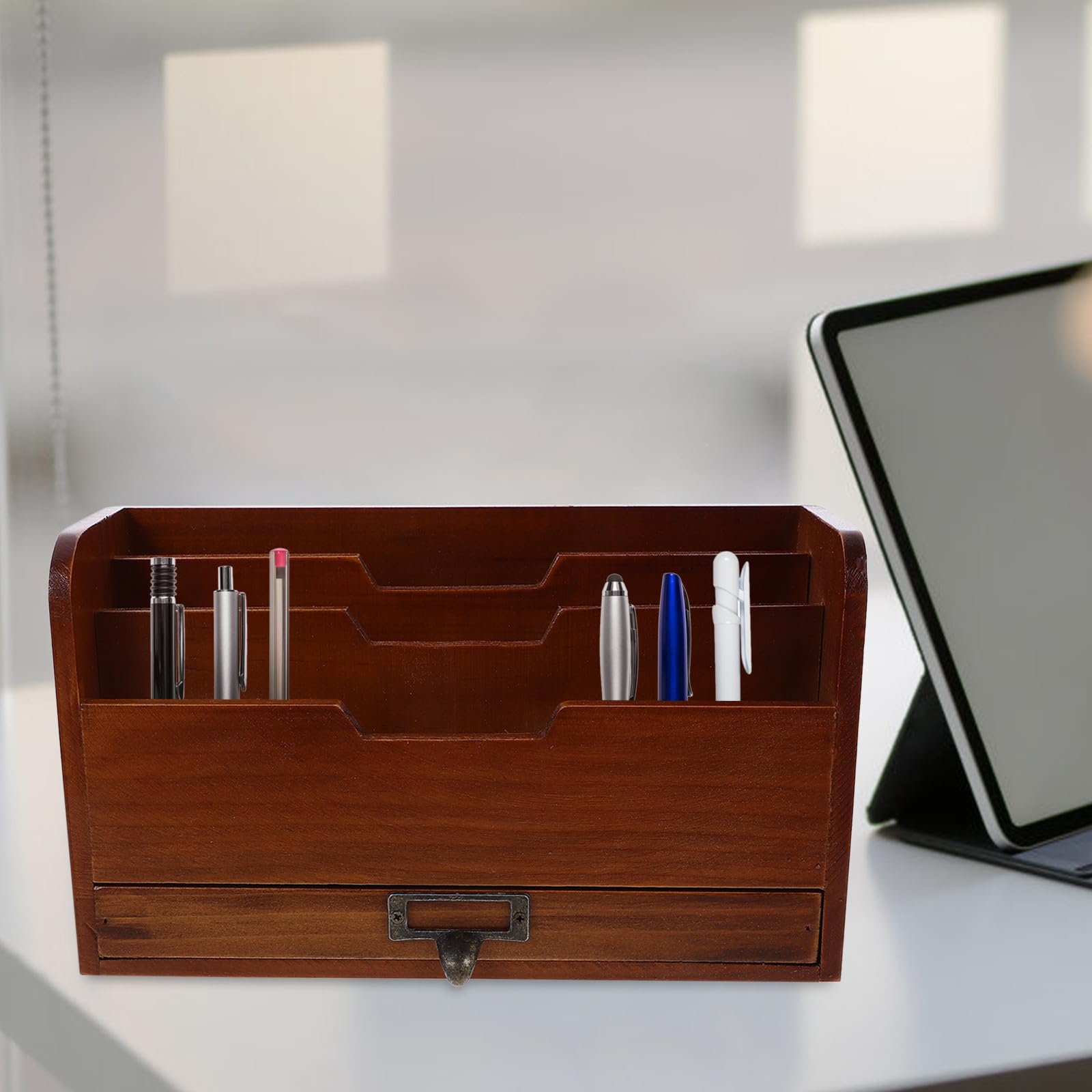 Zerodeko Organizador de Escritorio de Madera Marrón Compartimentos Versátiles y Estructura Estable para Escritorio de Profesores y Oficina