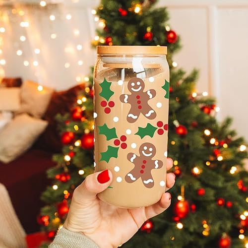 Miniatura 5 de Coolife Holly - Decoraciones navideñas de hombre de jengibre, regalos para mujeres, hombres y niños, vaso de vidrio de 16 onzas con tapa con