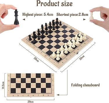 3-in-1 Wooden Chessboard Foldable 29 x 29 cm with Chess Dame