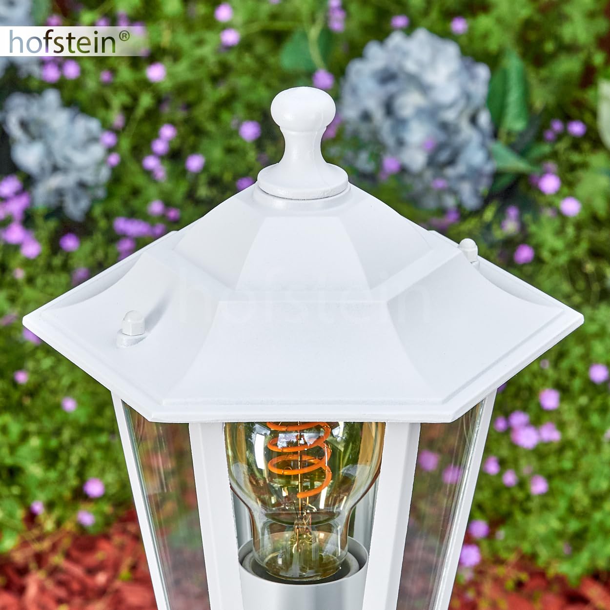 HOFSTEIN Außenstehleuchte Loria mit Bewegungsmelder, Außenwegeleuchte aus Metall/Glas in Weiß/Klar, Wegeleuchte im Antik/Landhaus/Vintage-Design für Garten, Außenbereich, Hof, 107 cm, E27, IP44