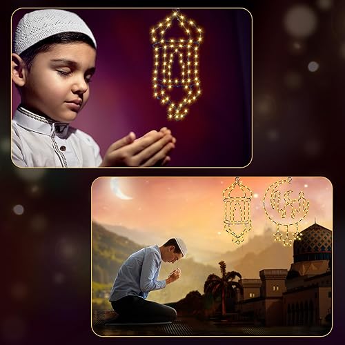 Miniatura 4 de Outus Mubarak - Luces decorativas para ventana de Ramadán, 2 unidades, luces LED de ramadán, luz de silueta de farol, batería alimentada por USB,