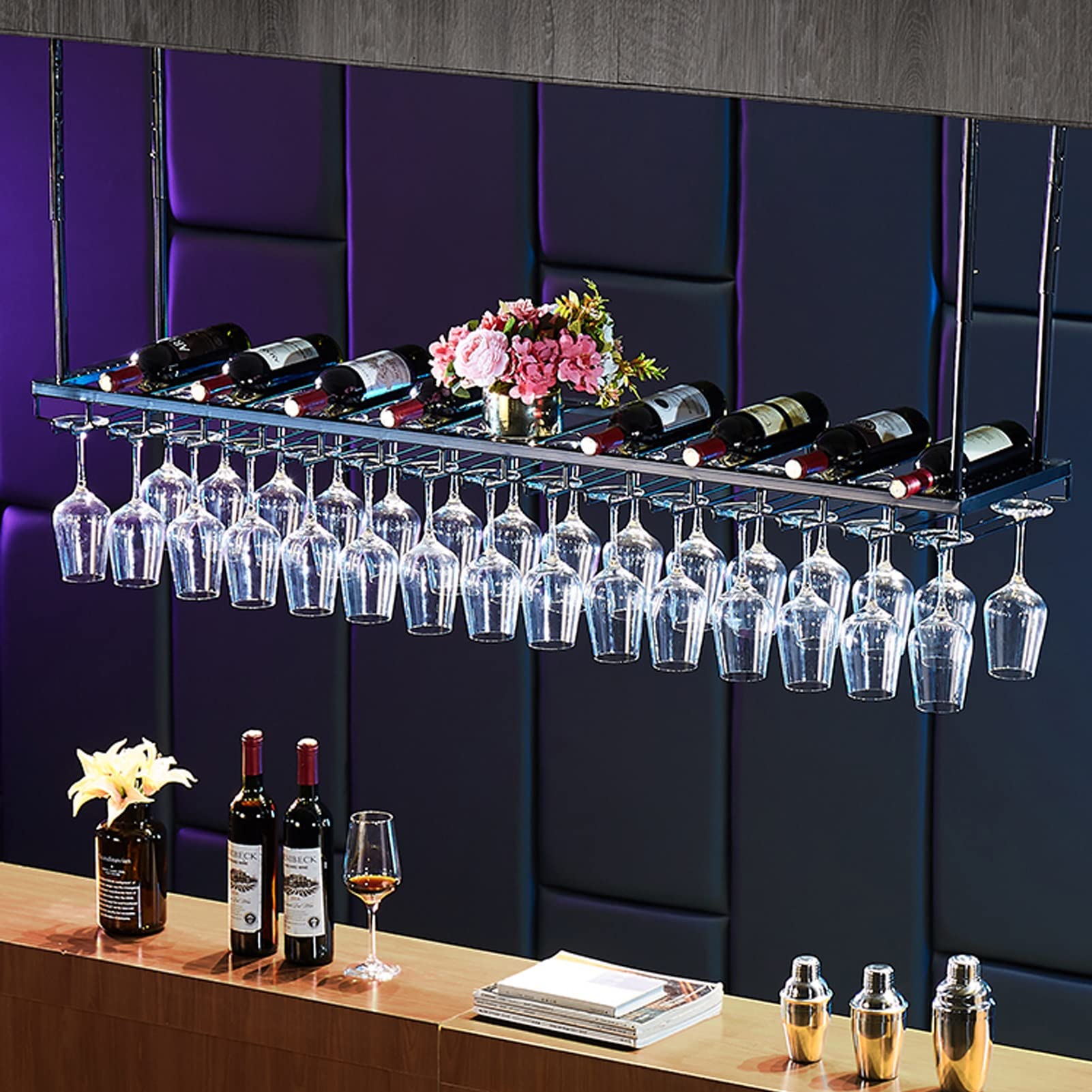 Porte-verres à vin suspendu au plafond noir en métal de 120 cm