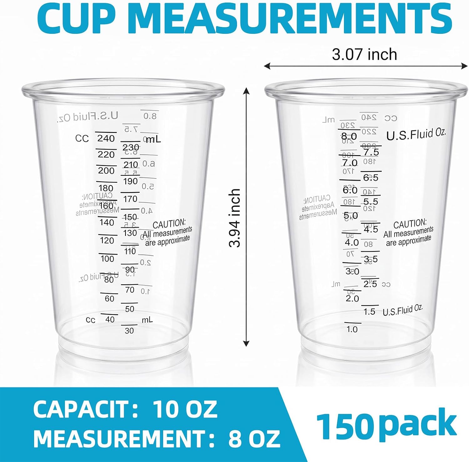 150 Pieces Plastic Measuring Cups 8oz, Disposable Epoxy Resin Mixing Cups with Measurements, Clear Liquid Measuring Cups for Resin, Paint, Mixing and Crafts