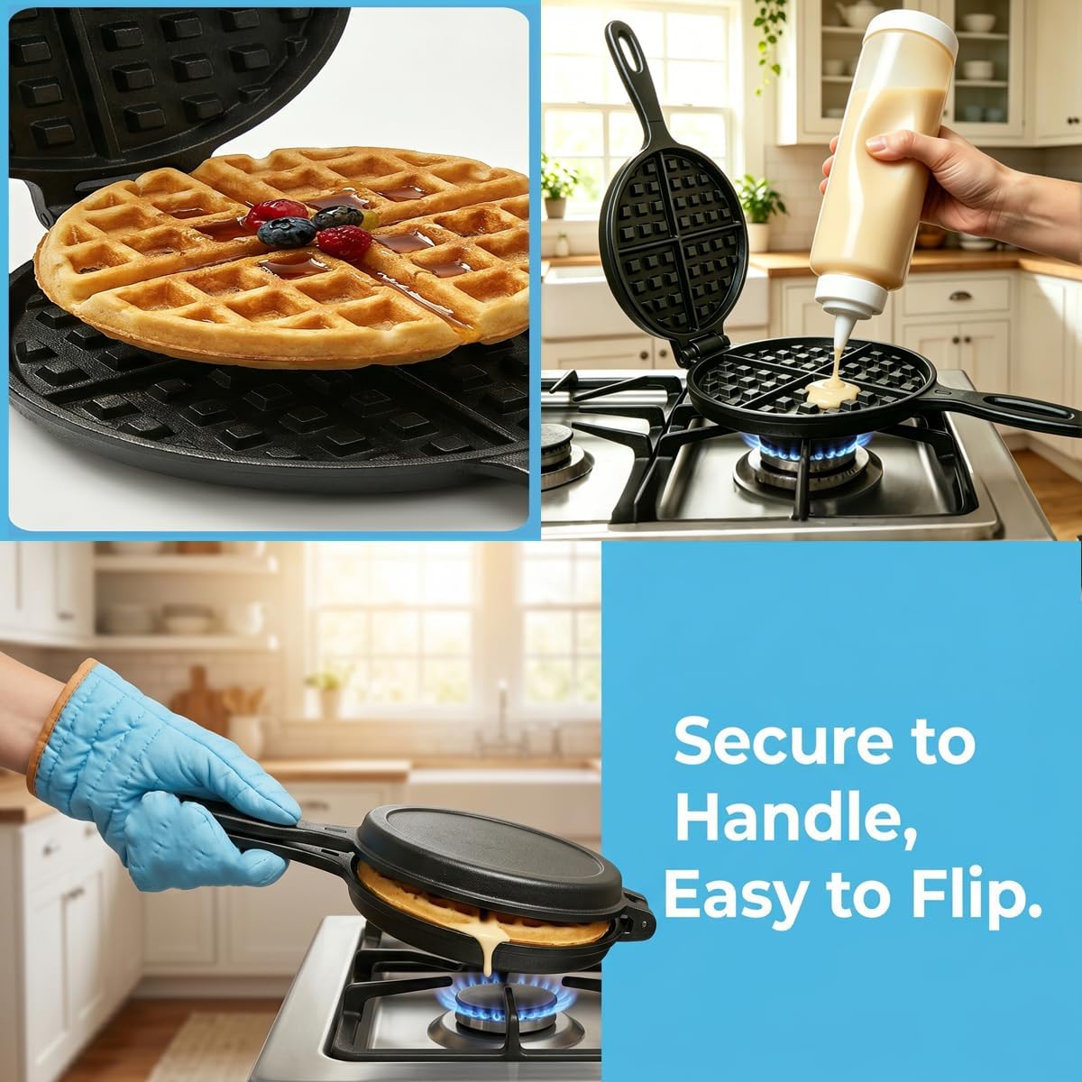 7'' Round Cast Iron Waffle Maker with Batter Dispenser and Mitts