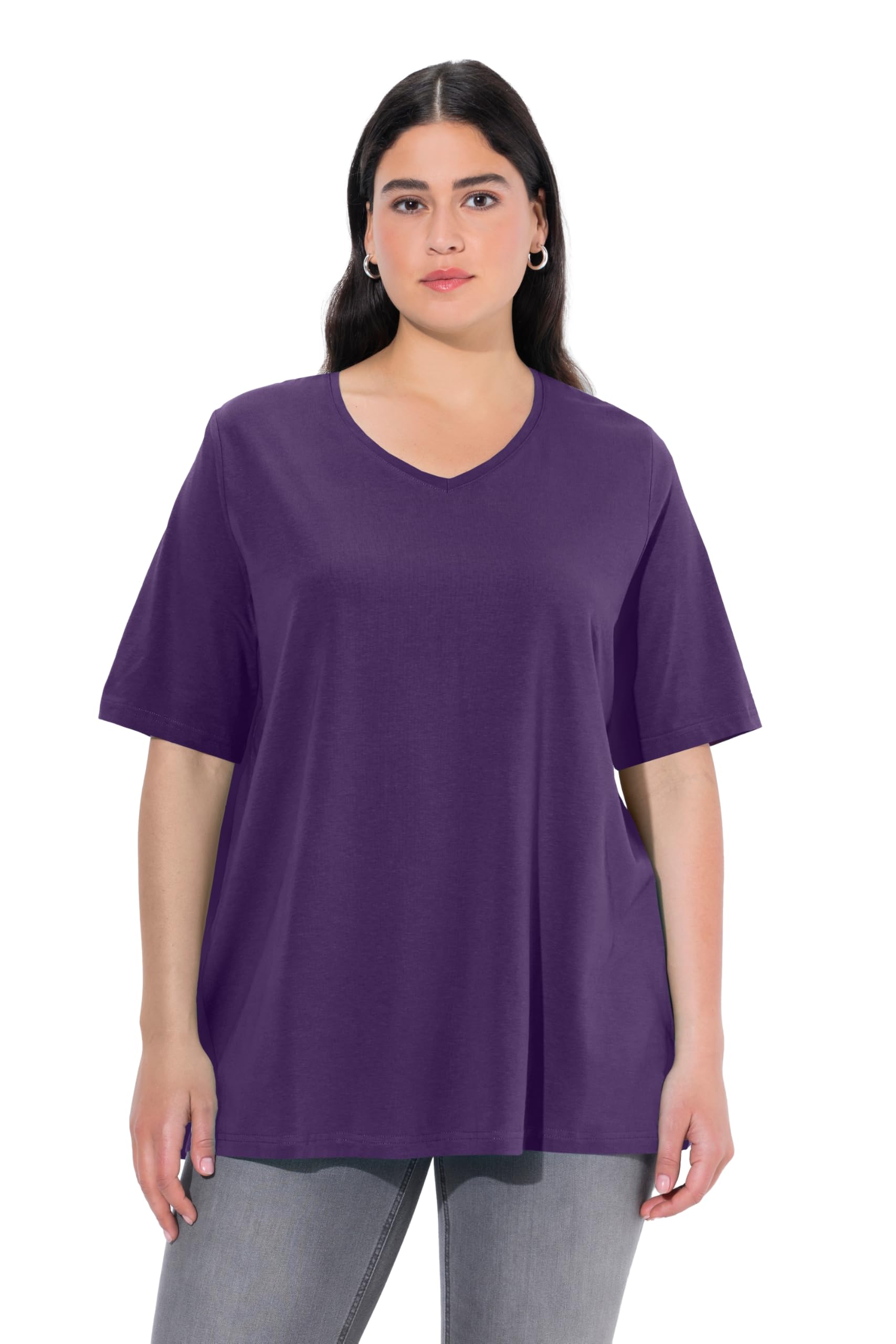 Ulla Popken Women's Deep Violet Wear Plus Size Curvy Essential V-Neck Stretch Tee 62+ 807284840-62+