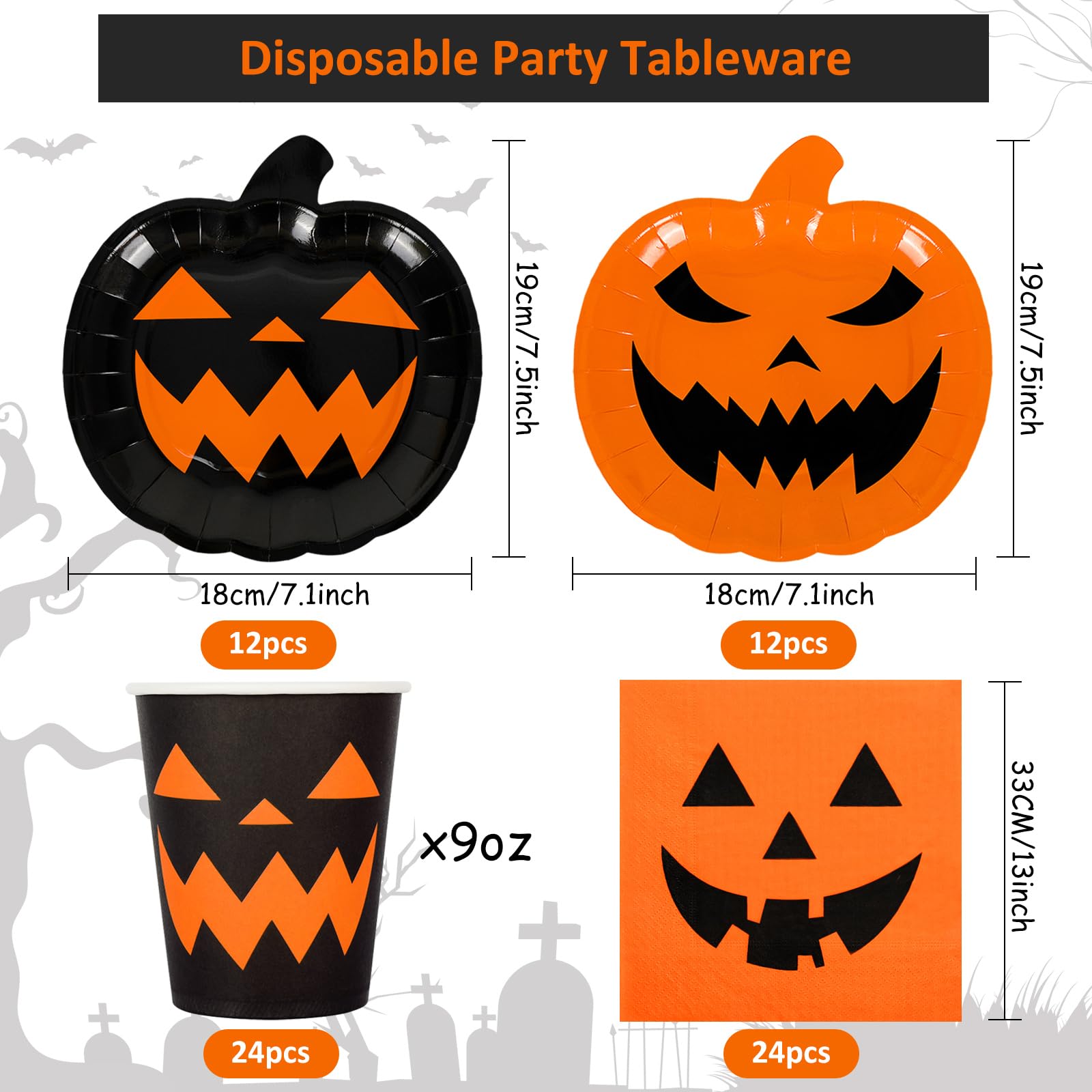 Set De Vaisselle Jetable Halloween - 96 Pièces (assiettes, Gobelets, Serviettes, Nappe) - Déco De Fête Effrayante !