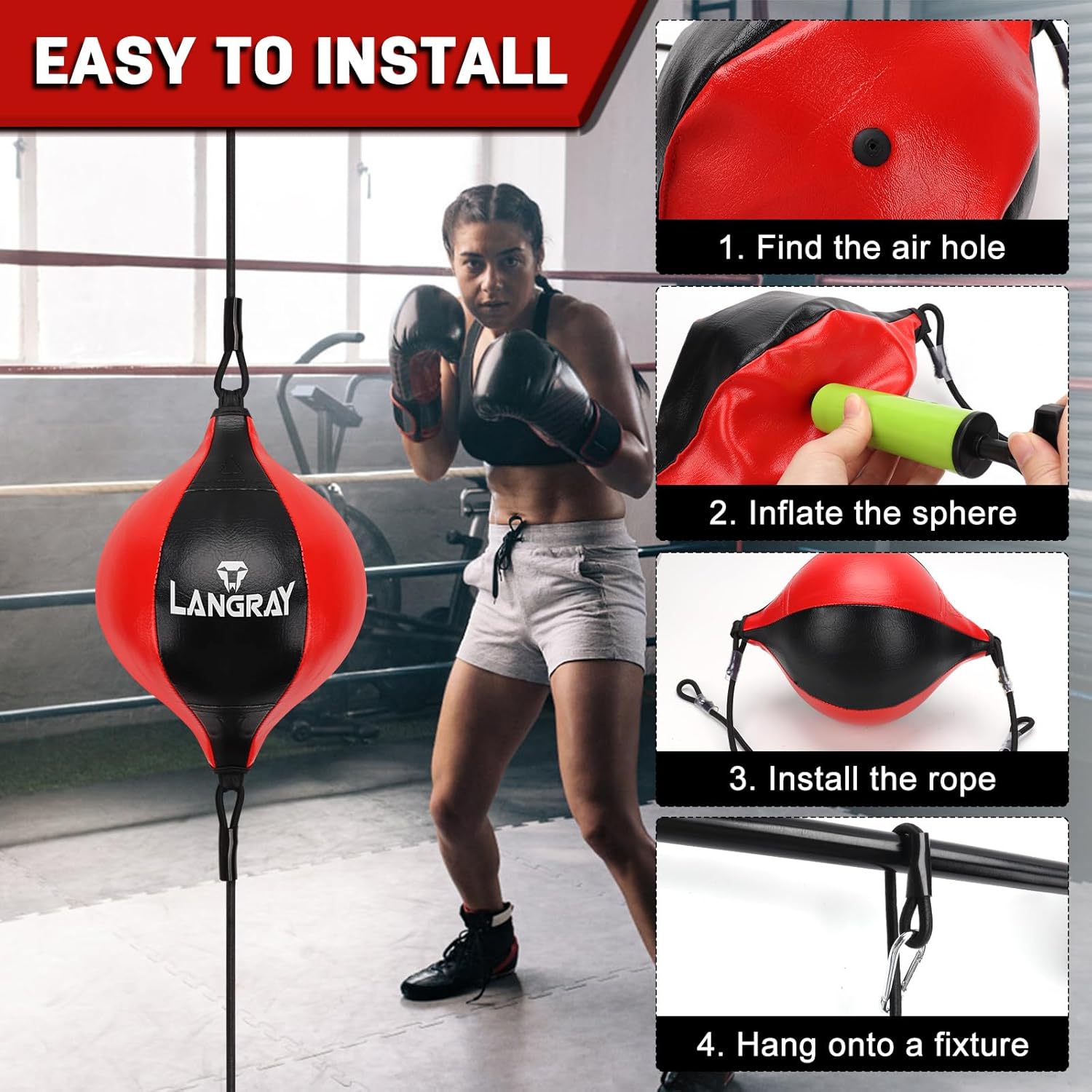 Double End Bag, Boxing Speed Bag with Adjustable Elastic Cords, PU Leather Punching Bag for Adults Kids Fitness Training - Image 4