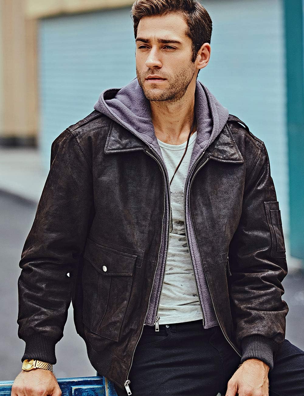 FLAVOR Men's Leather Flight Bomber Jacket Air Force Aviator - Image 2