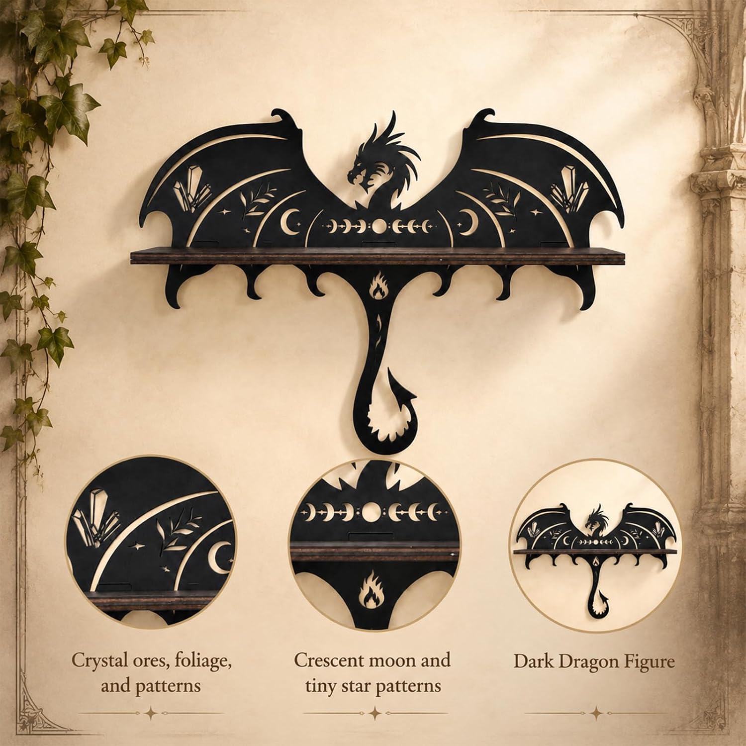 OYEFLY Dragon Crystal Display Shelf Gothic Wall Shelf for Bedroom Living Room Fantasy Dragon Decor Wood Crystal Storage Shelf with LED Light 14.8x9.4x4.4 Inches Black (Black)