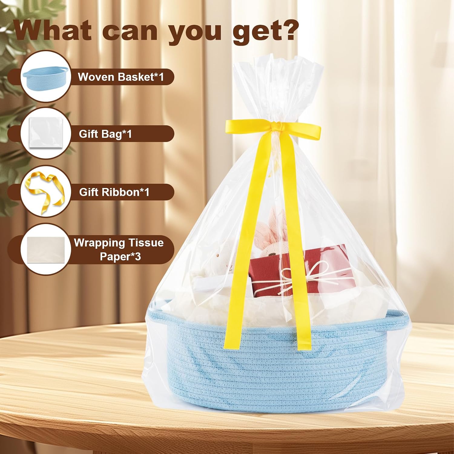 OIAHOMY Gift Basket with Handle, Small Woven Basket with Gift Bag, Ribbon and Wrap Tissue Paper, Nursery Bins Empty to Fill with Small Items, Baby, Pet Toy Organizer - Blue image 2