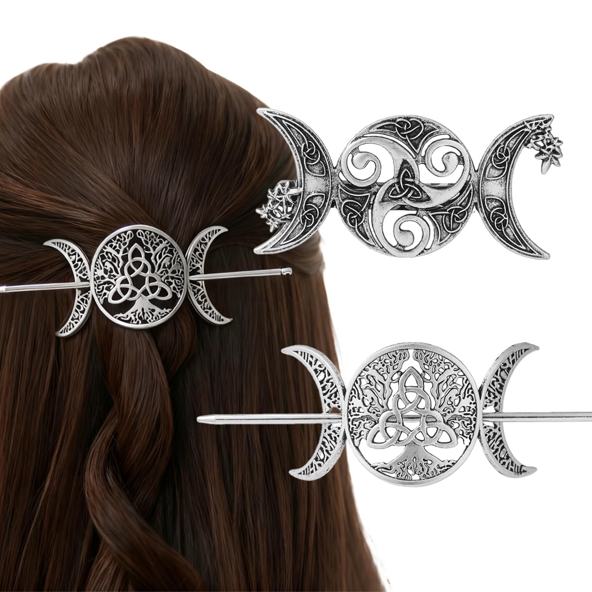 2-Piece Moon Hair Clip Set – Celtic Hair Accessories & Celestial Hair Barrettes for Women, Witchy Moon Hair Accessories with Vintage Design