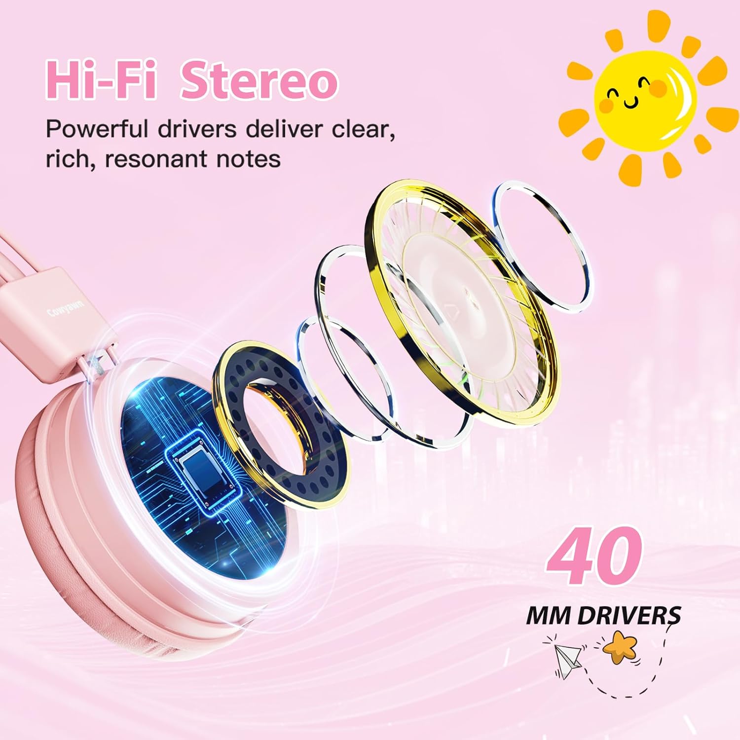 USB Type C Kids Headphones for School, 94dB Volume Limited, Kids Headphones with USB C Cord, HD Stereo Sound, Foldable Lightweight On-Ear USB-C Wired Headphones for Boys/Girls, Light Pink - Image 4