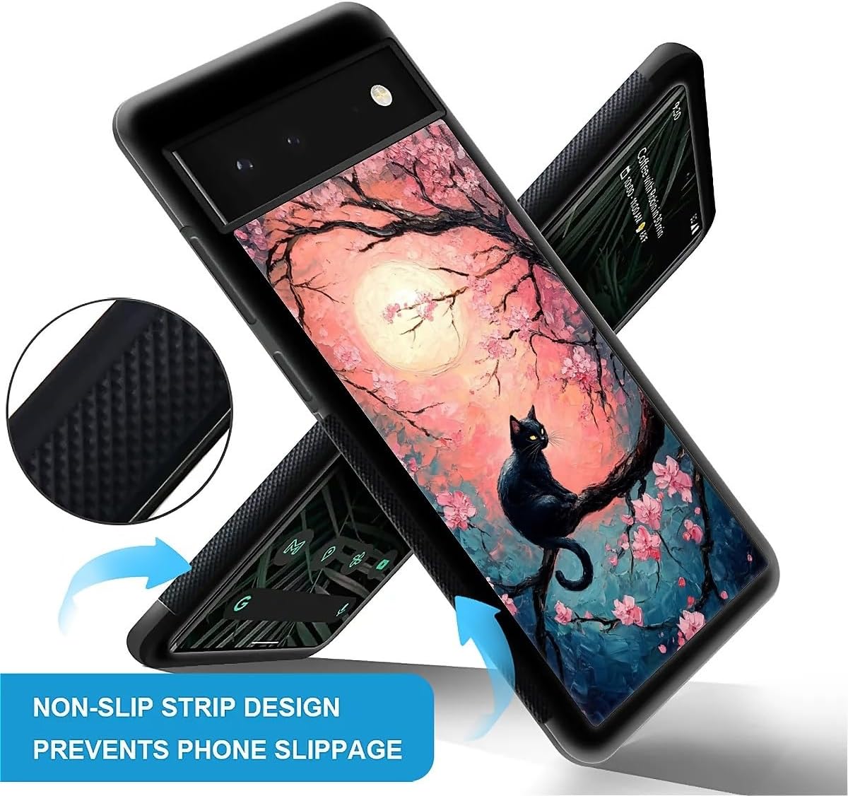 CARLOCA Compatible with Google Pixel 6 Case for Girls Boys Hard Shell Shockproof Protection TPU Non Slip for Google Pixel 6 Fashion Pattern Black Cat Cherry Blossom Branch Flowers image 5