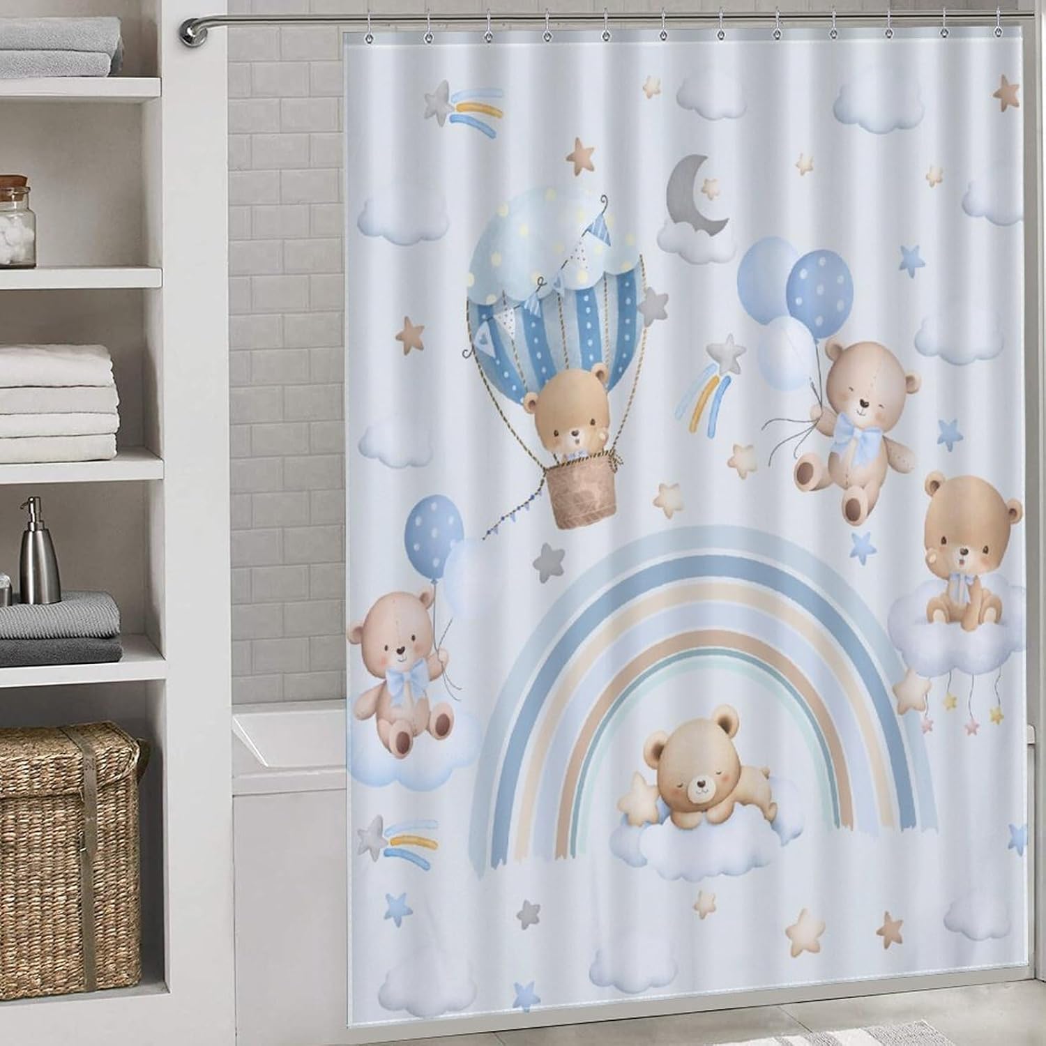 Bear Shower Curtain, Baby Boys Girls Cute Lovely Cartoon Bear Cloud Boho Rainbow Pastel Blue Waterproof Fabric Bathroom Shower Curtain Set with Hooks, 72"x78" Inch