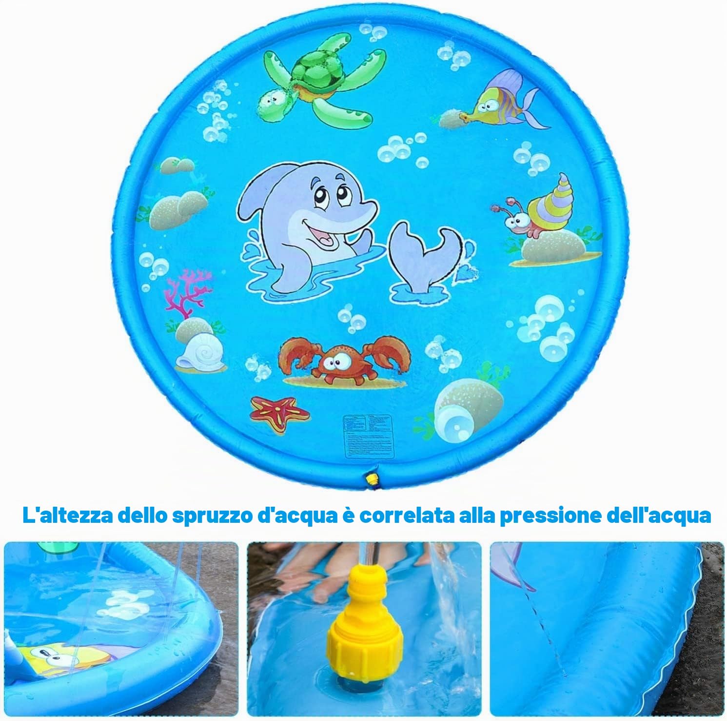 KAHEIGN 170CM Tappetino da Gioco con Spruzzi D'acqua, Delfino Tartaruga Stelle Marine Modello Granchio Pad Irrigatore Giocattoli D'acqua Spray per Esterni da Giardino Estivo per Attività Per Famiglie