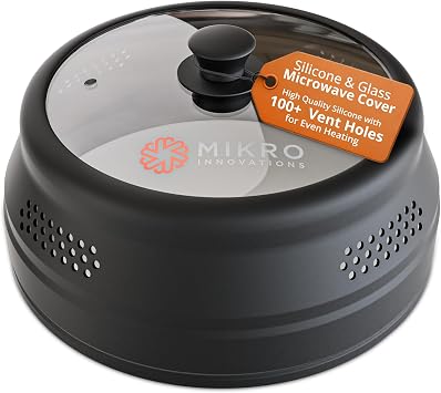 Mikro Innovations Glass & Silicone Microwave Splatter Cover   Tall and Collapsible Design that fits 6-10.5in Plates and Bowls - Space Saving, BPA Free & Dishwasher Safe 1, Black, large
