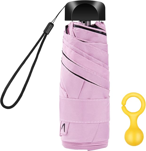 Vicloon Mini Travel Umbrella, Pocket Umbrella Foldable Compact with Flat Handle, 6-Rib Light-Weight Waterproof Sturdy and Portable Umbrella, Rain and Sun Umbrella, UPF>50+ Protection (Pink)