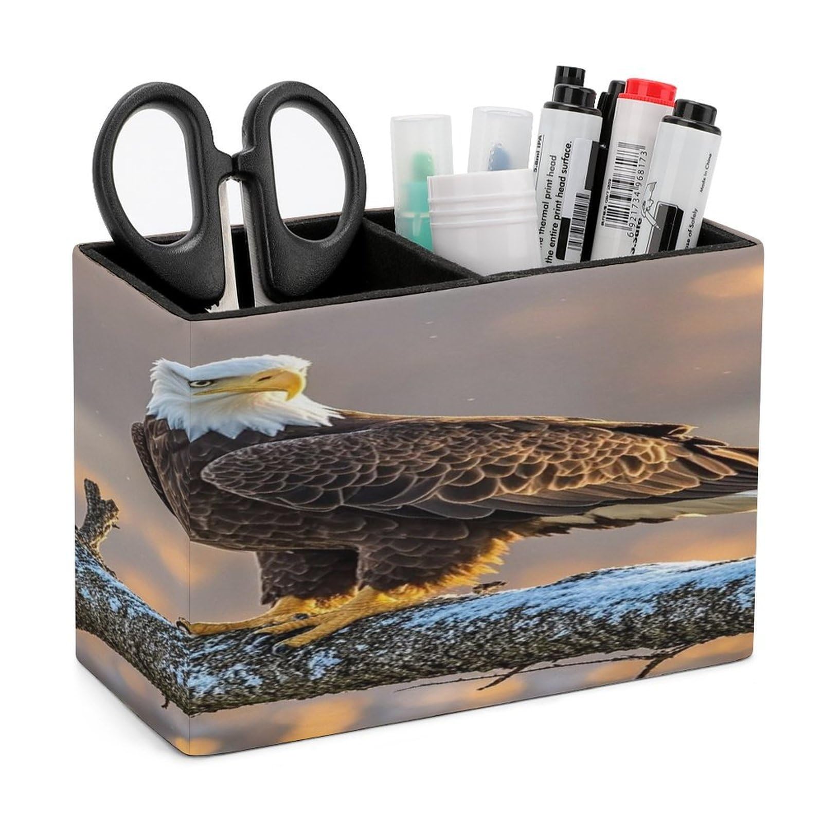 FekiLoot Golden Sunset Bald Eagle Pen Holders for Desk Small Remote Control Holder Leather Pencil Cup with Double Compartments Desktop Organizer for Table Desk Office Space Saving