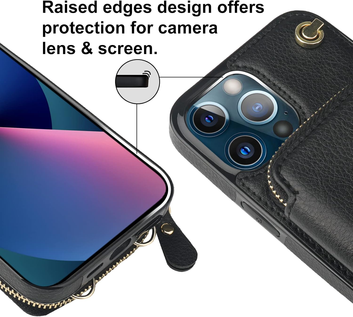 Bocasal Crossbody Wallet Case for iPhone 13 Pro Max, RFID Blocking Leather Purse Case with Card Holder, Protective Handbag Flip Cover with Zipper Wrist Strap Lanyard for Women 5G 6.7 Inch (Black)
