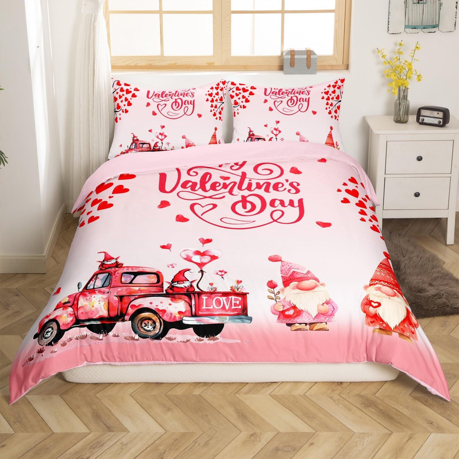 Valentine's Day Duvet Cover Set Toddler Size,Pink Truck Bedding Set for Kids Boys Girls Room Decor,Red Love Pattern Comforter Cover,Rose Flowers Quilt Cover with 1 Pillowcase(No Comforter)