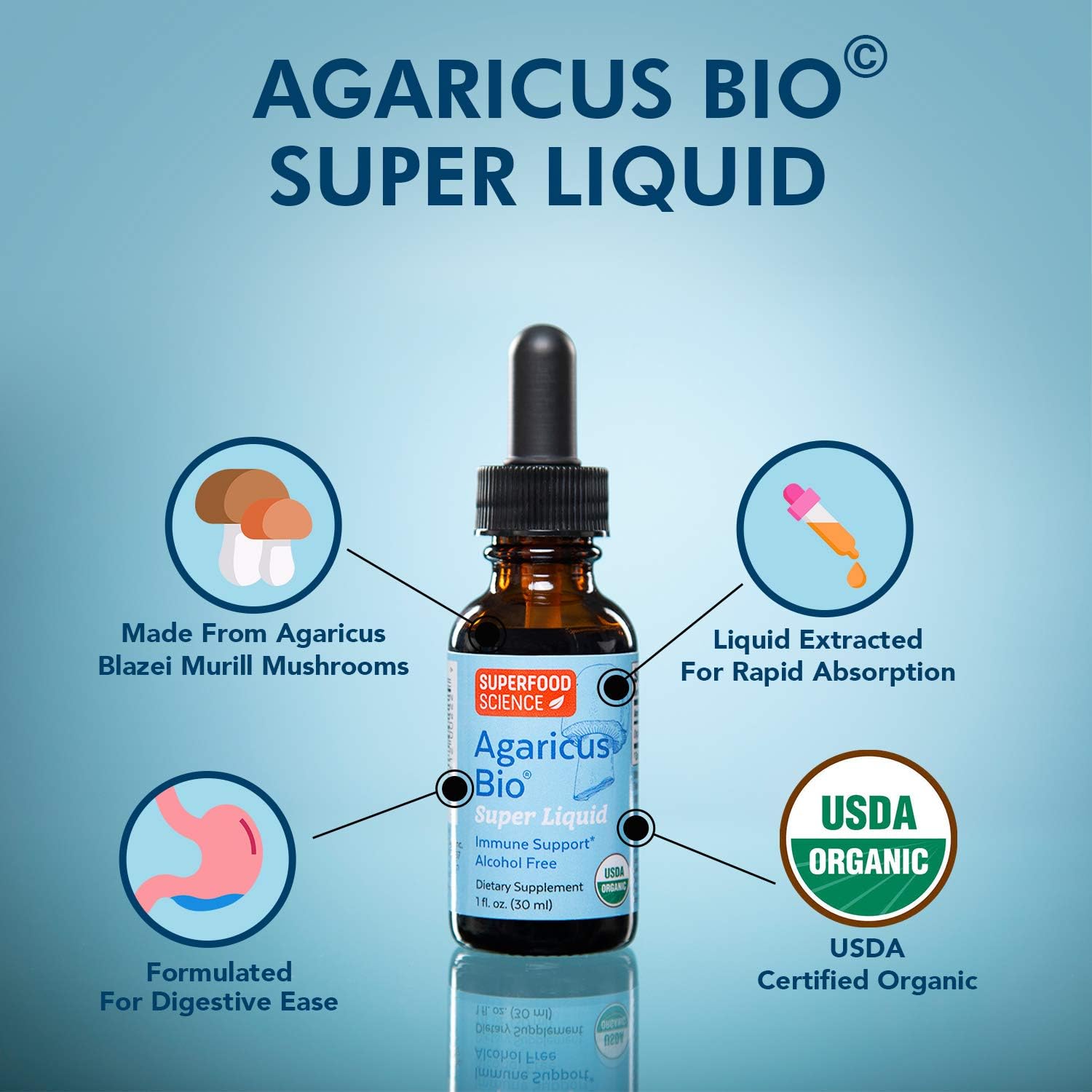 Agaricus Bio Super Liquid, Organic Blazei Mushroom Extract Tincture, Fruiting Body Beta-Glucan Drops for Natural Killer Cell Activity, Liquid Mushroom Supplement for Liver and Immune Support, 30 ml