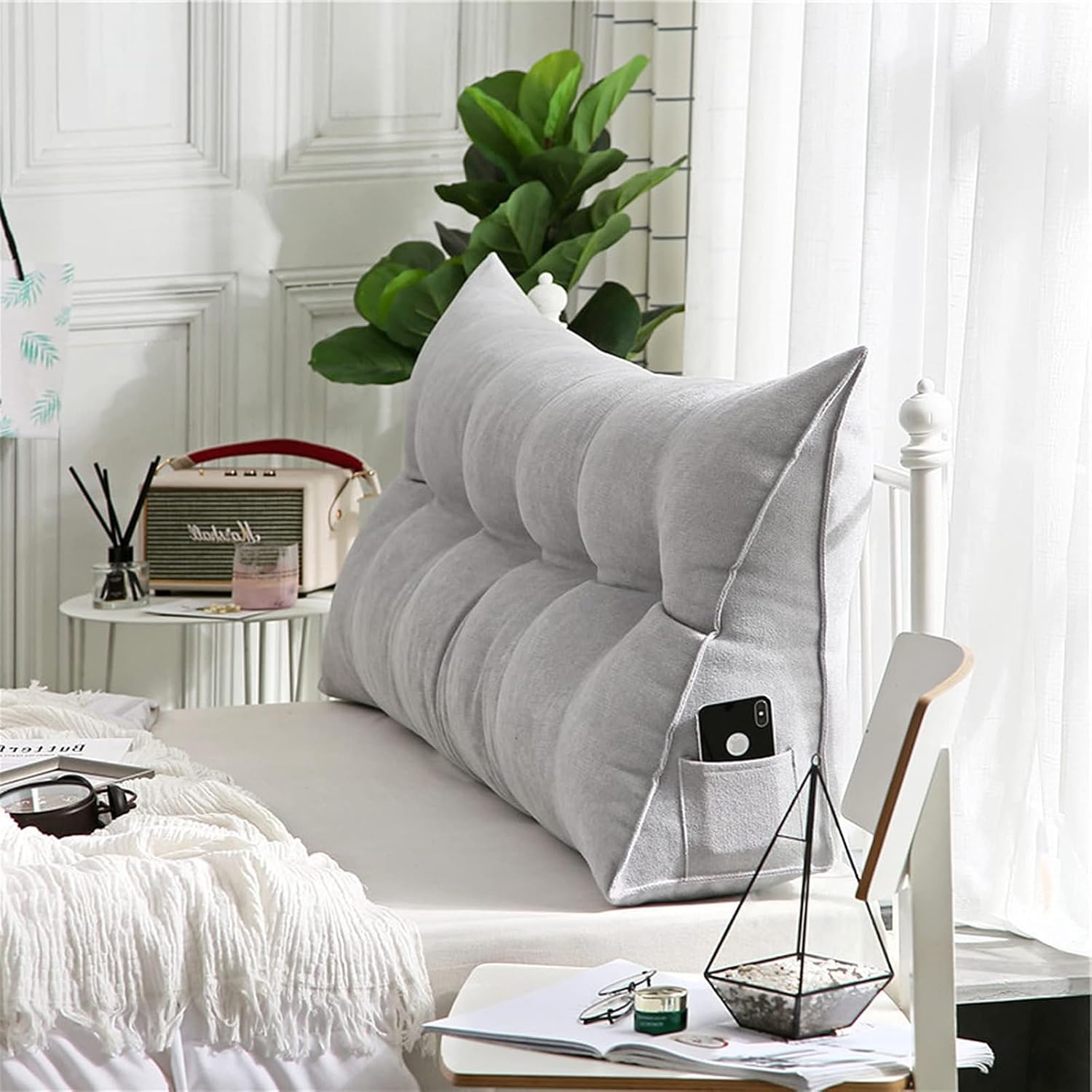 Soft Triangle Reading Backrest Pillow Bed Back Pillow with Removable Fitted Cover, Large Bolster Triangular Headboard Pillow Wedge Bed Pillow with Two Large Side Pockets,A,120cm/47inch