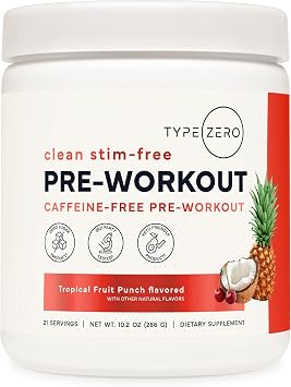 Type Zero Clean Stim Free Pre Workout Powder + Nitric Oxide Booster with L-Citrulline Malate, Arginine AKG, Beta Alanine - Caffeine & Stimulant Free - Tropical Fruit Punch Flavor, 21 Servings