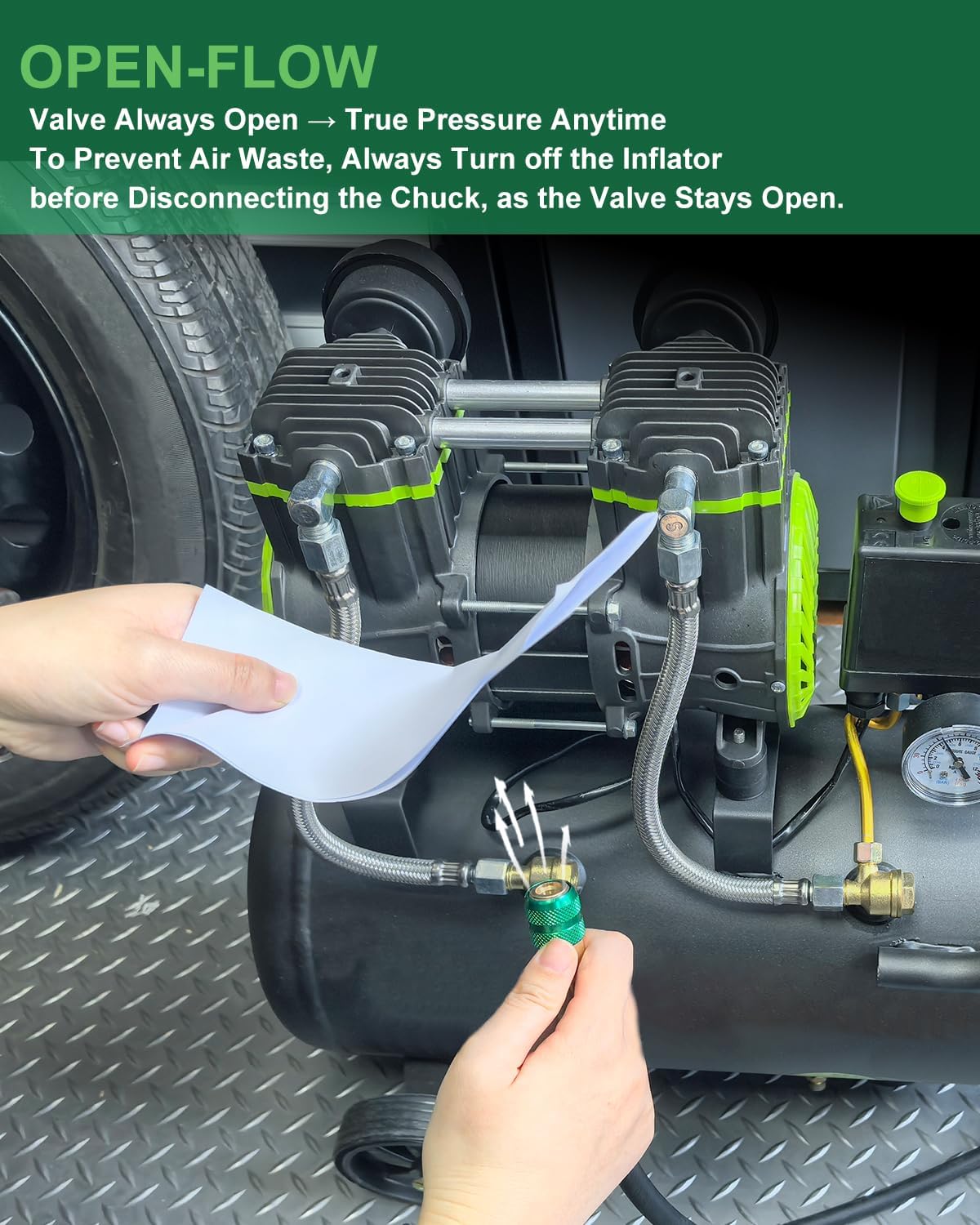 GODESON Locking Air Chuck, Open-Flow 1/4" FNPT Tire Inflator Nozzle for Air Compressors, Tire Air Chuck Quick Connect for Cars & SUVs, All Metal, Hands-Free Lock-On, Green (Pack of 2)