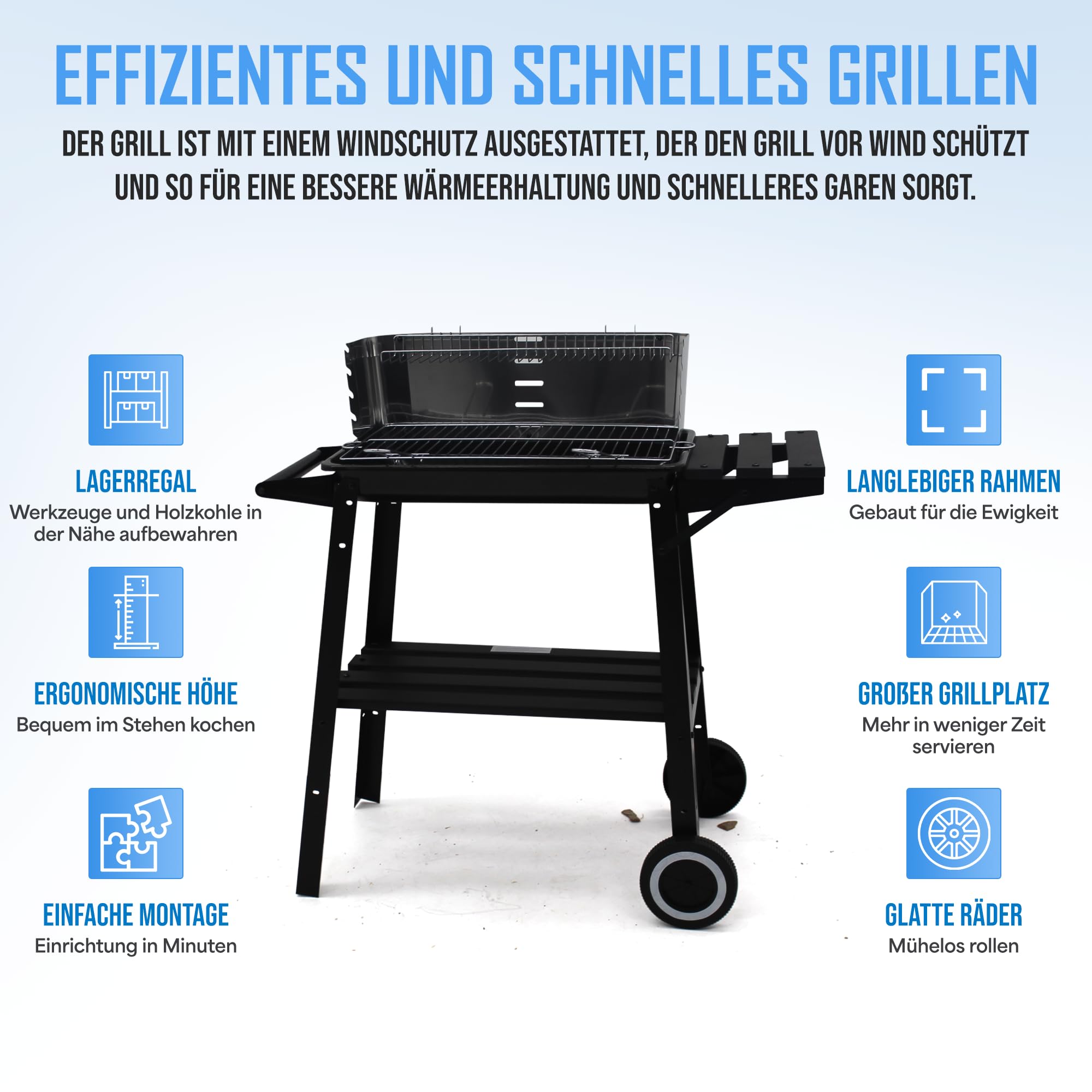 Holzkohlegrill edelstahl auf rollen,Säulengrill,BBQ-Grill,inkl 4-fach höhenverstellbarem Grillrost, Lüftungsregler,Aschekasten und Aschekasten, für Camping, Garten, Schwarz