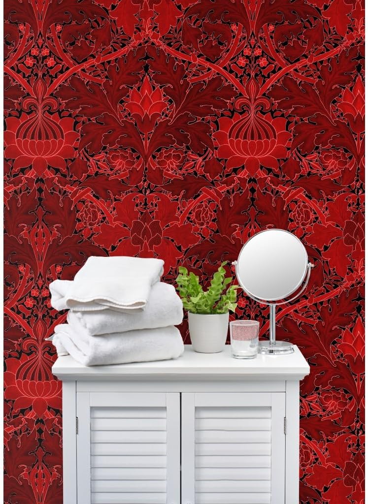 Spoonflower Commercial Grade Wallpaper 27ft x 2ft - Damask Red Black Art Nouveau Victorian Floral Traditional Wallpaper