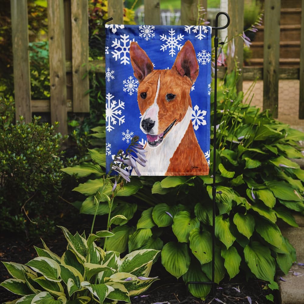 Caroline's Treasures SC9387GF Basenji Winter Snowflakes Holiday Garden Flag Mailbox Flag Decorative Yard Flag Banner Outside Patio Artwork Yard Flower Beds, Garden Size, Multicolor