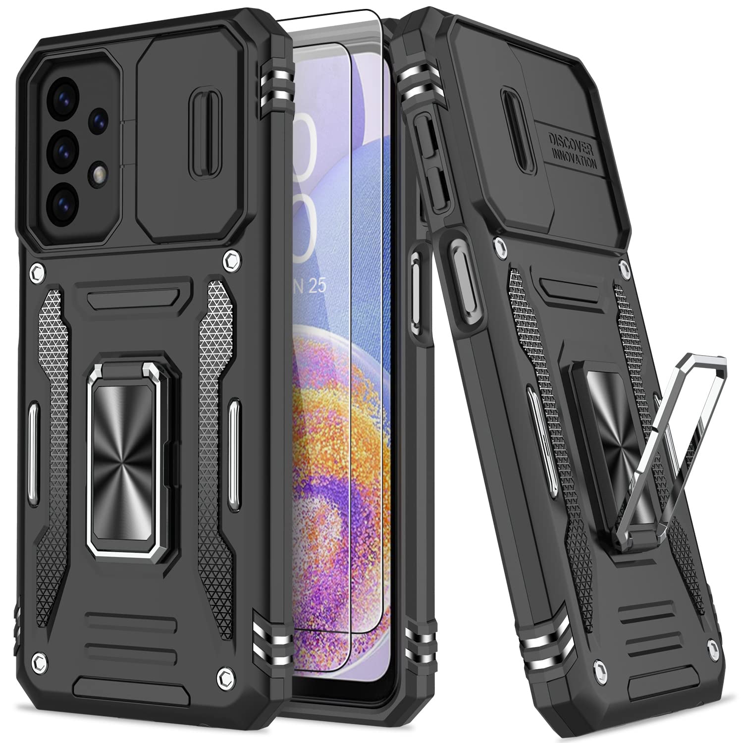 AUPAI for Samsung Galaxy A23 Case with Upgraded Sliding Camera Lens Protector - Shockproof Heavy Duty Design, 16ft Drop Tested, Magnetic Kickstand Phone Case for Men Women Girls - Black