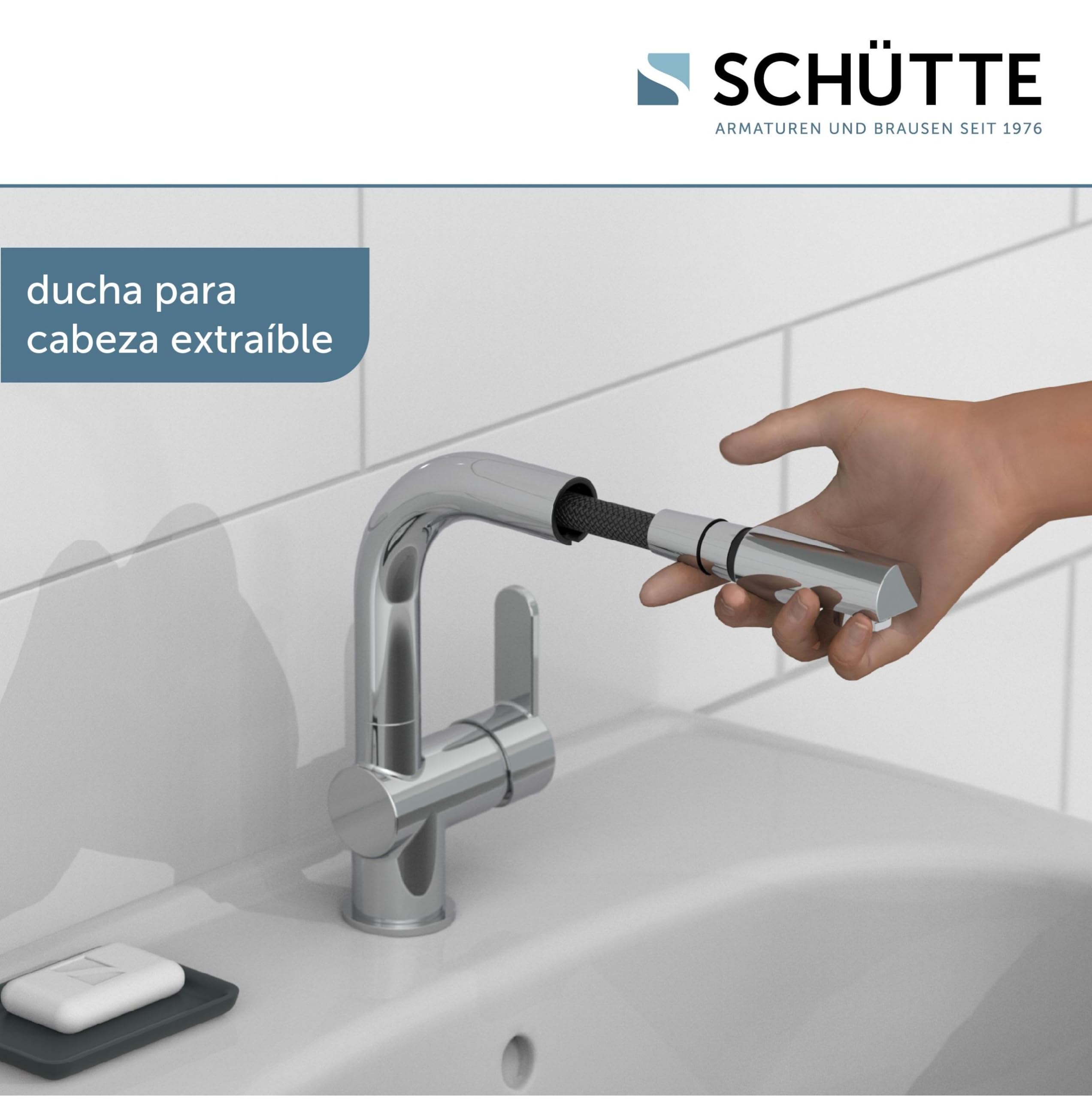 Schütte 79710 Grifo de baño extraíble, alcachofa, Ideal para Lavar el Pelo, Mezclador Monomando con desagüe en Cromo, Cromado