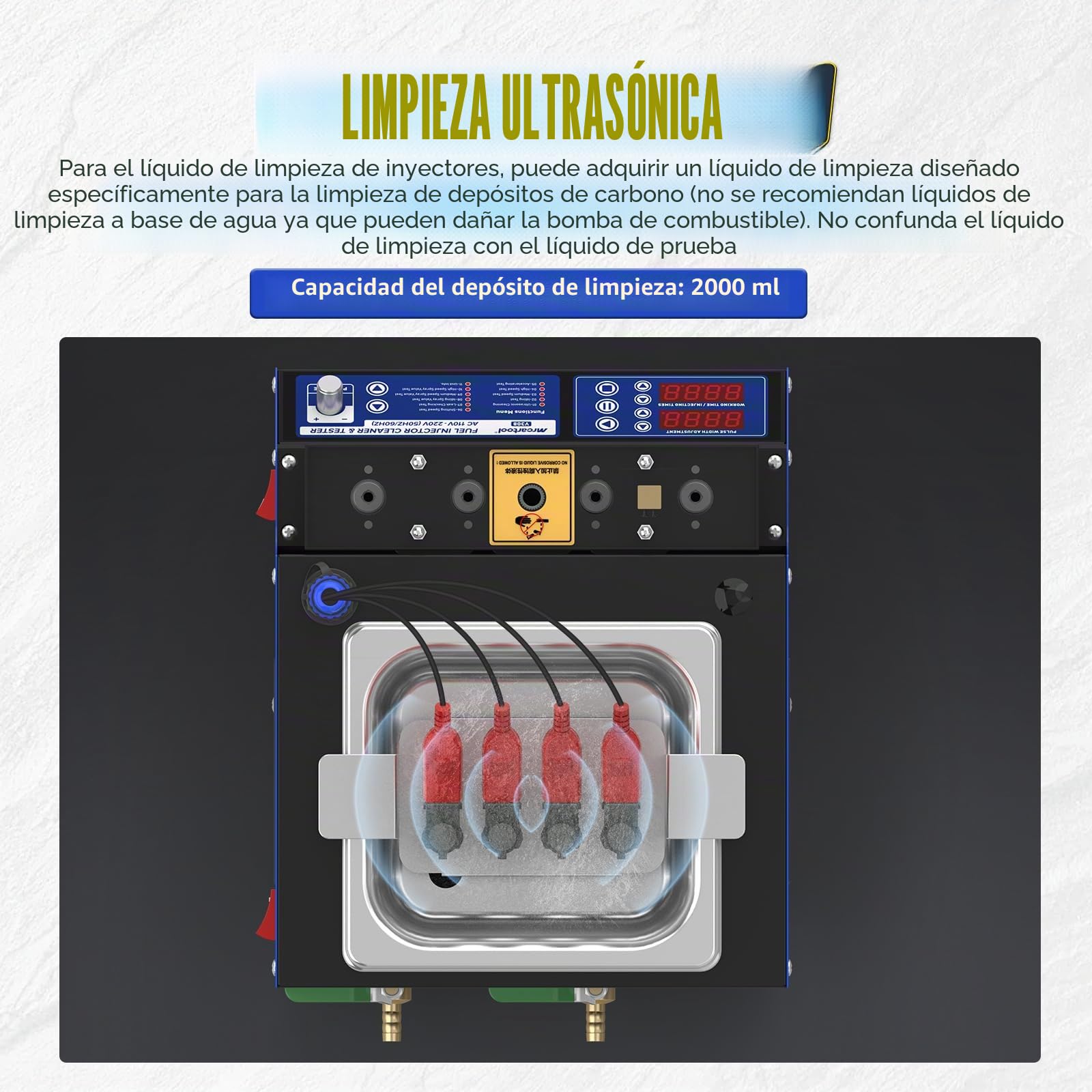 Limpiador y probador de inyectores ultrasónicos con Calentamiento 45℃, 4 Cilindros, Coches, Motocicletas, combustibles comunes, eliminación efectiva de Carbono y Prueba de Funcionamiento