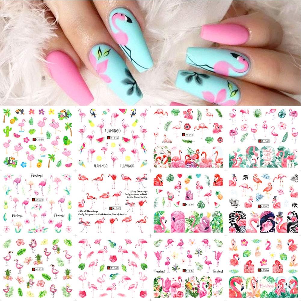 Pvoiue Flamingo Nail Art Stickers, 12 Sheets Waterproof Decals, Multicolor Nail Polish Sliders for Summer Manicure, Tropical Palm Flamingo Cactus Pine Apple Decorations