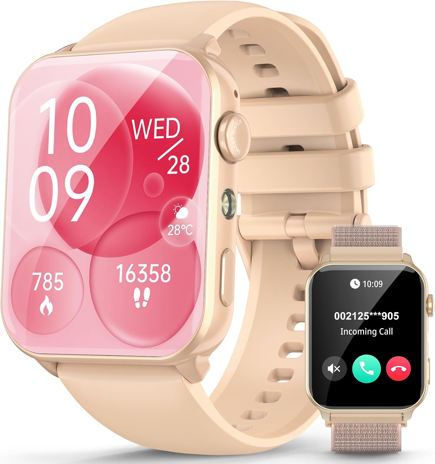 Smartwatch Feminino 1.91″ com Luz LED – Tela Full Touch, 100+ Modos Esportivos, Chamadas Bluetooth, Assistente de Voz, Compatível iOS/Android, 2 Pulseiras (Rosa)